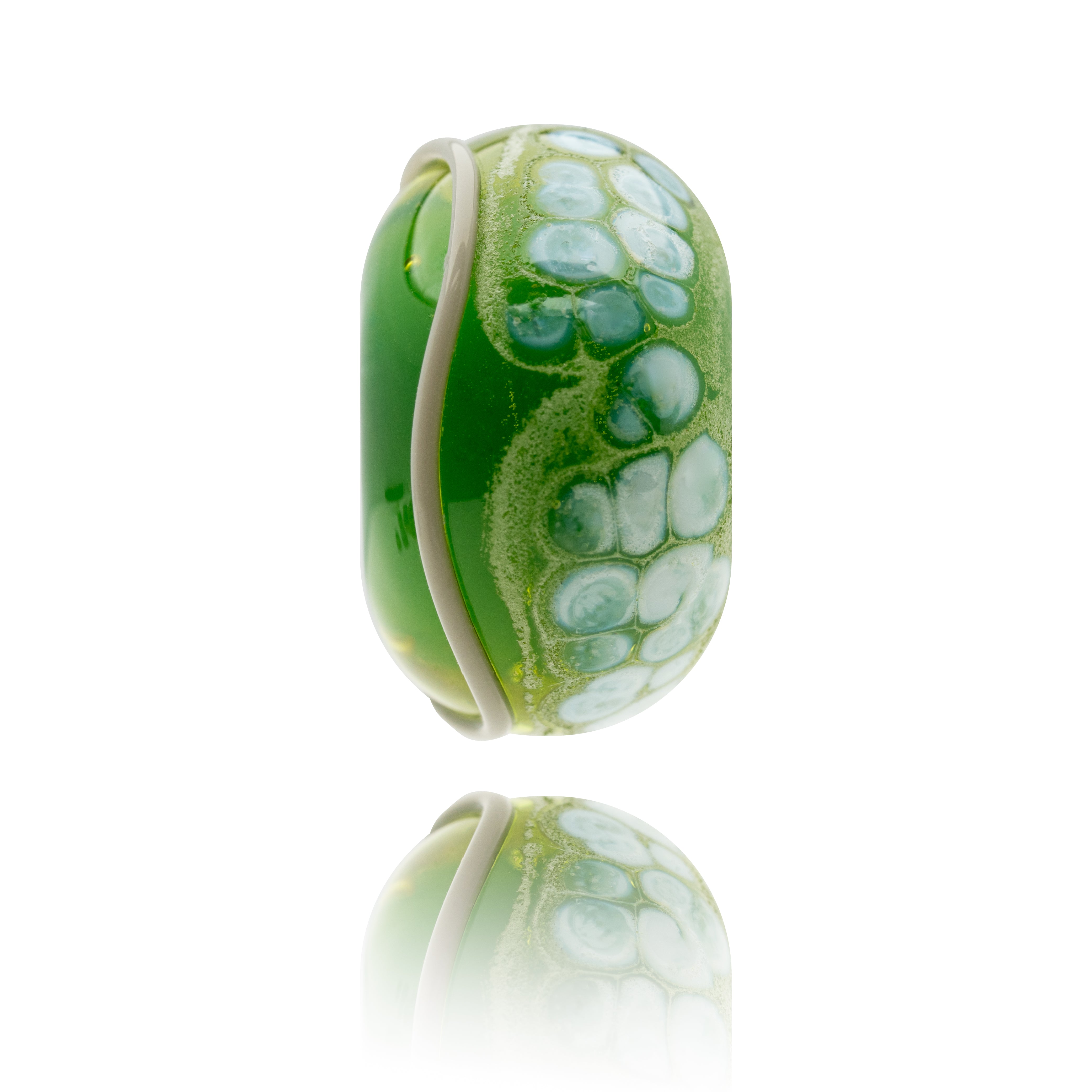 Green glass bead with white dots on the surface and a grey stripe.