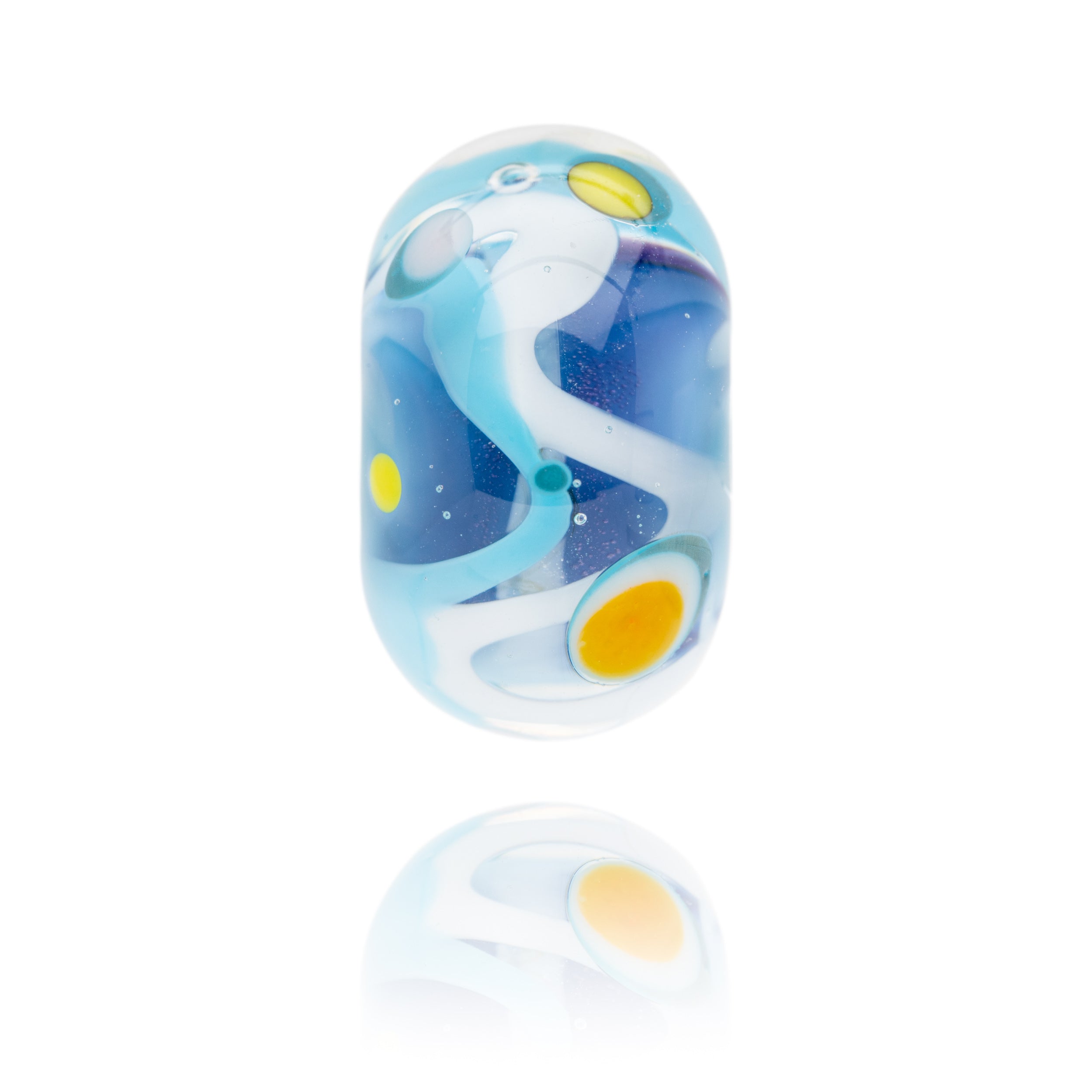 Colourful swirling blue glass bead collaborating with Steve PP art.