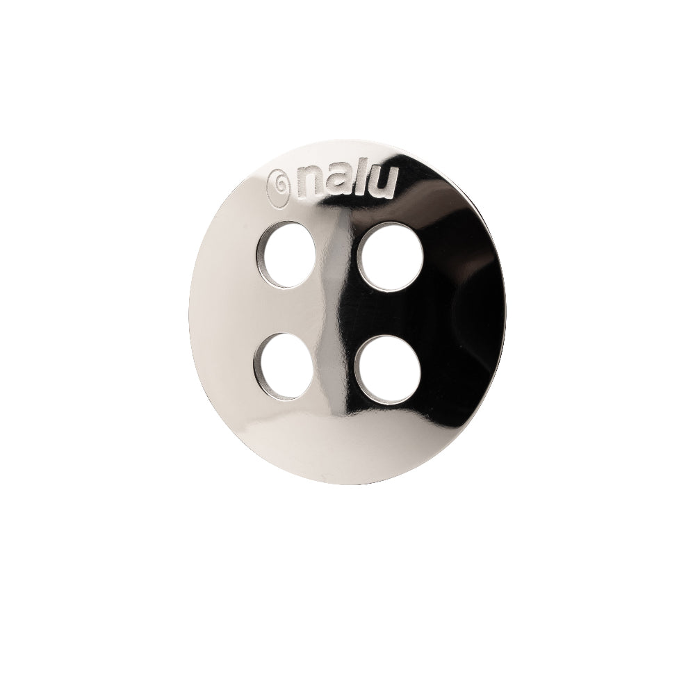 Metallic disc with 'nalu' branding on a white background