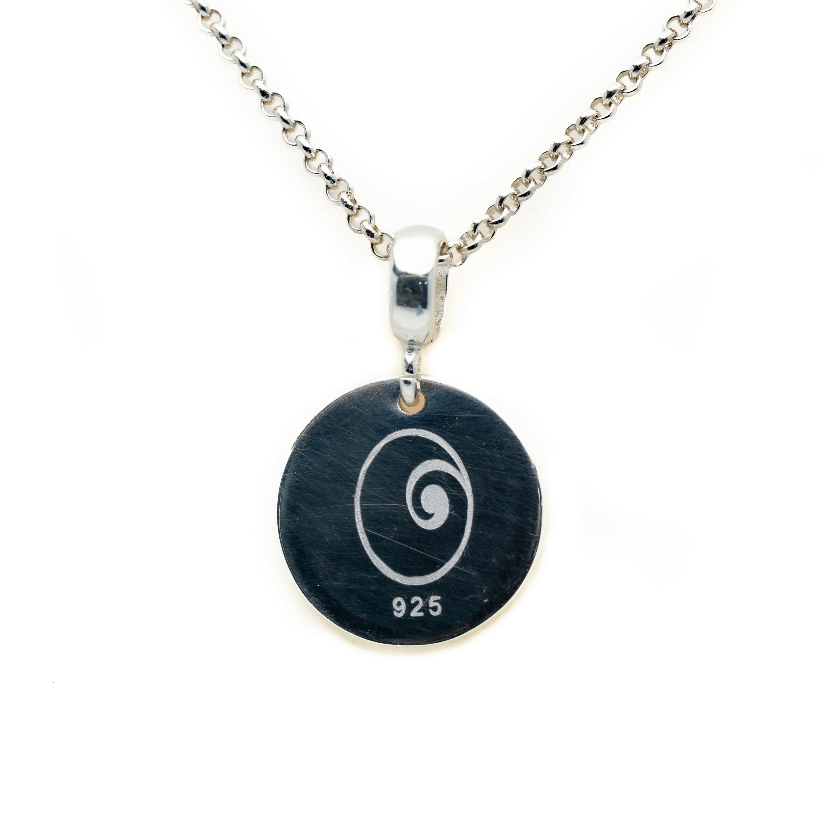 A silver chain necklace with a round black pendant featuring a white spiral symbol and the text '925' at the bottom, shown on a plain white background.