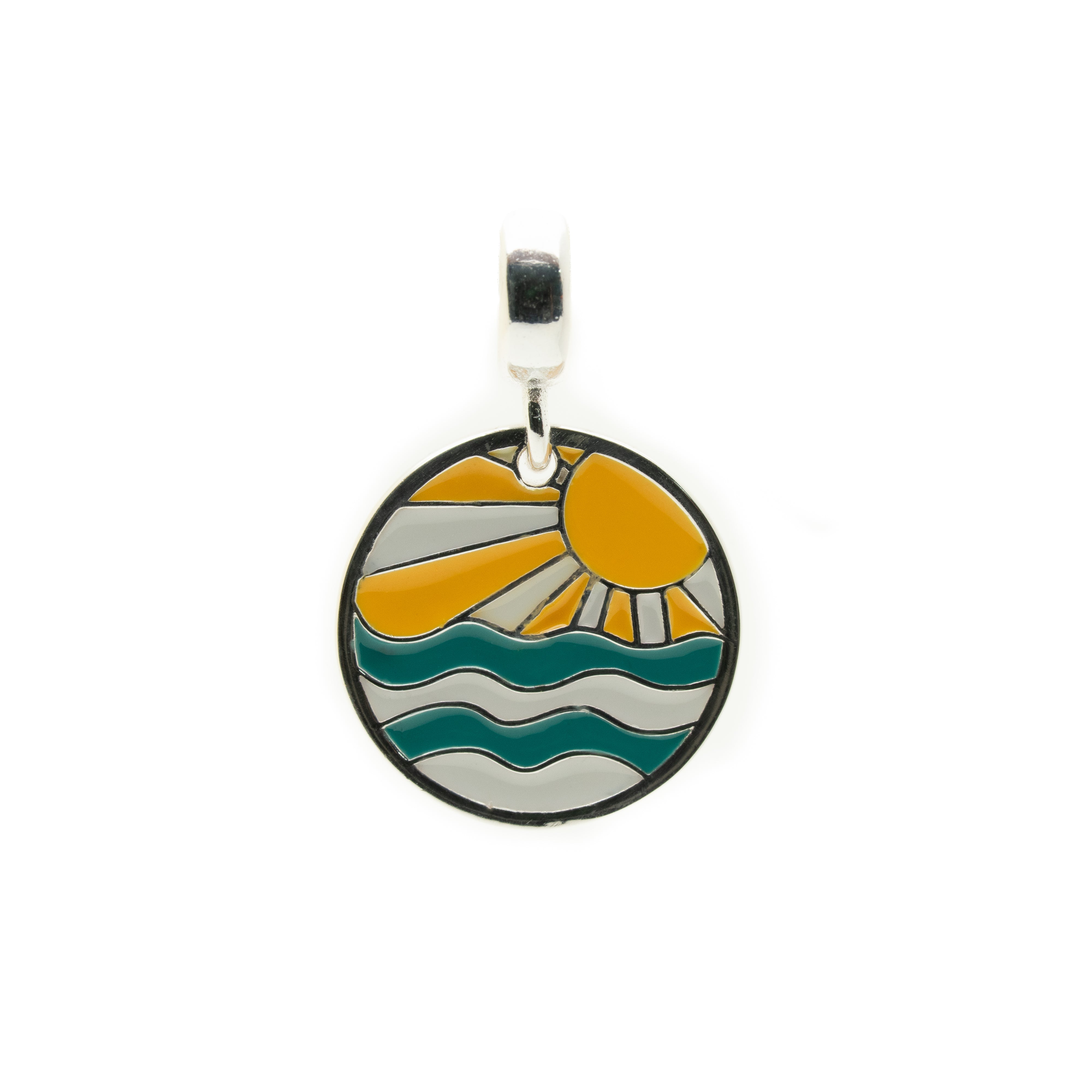 A round enamel pendant charm featuring a stylized sun over wavy water, suspended from a silver bail on a plain white background.