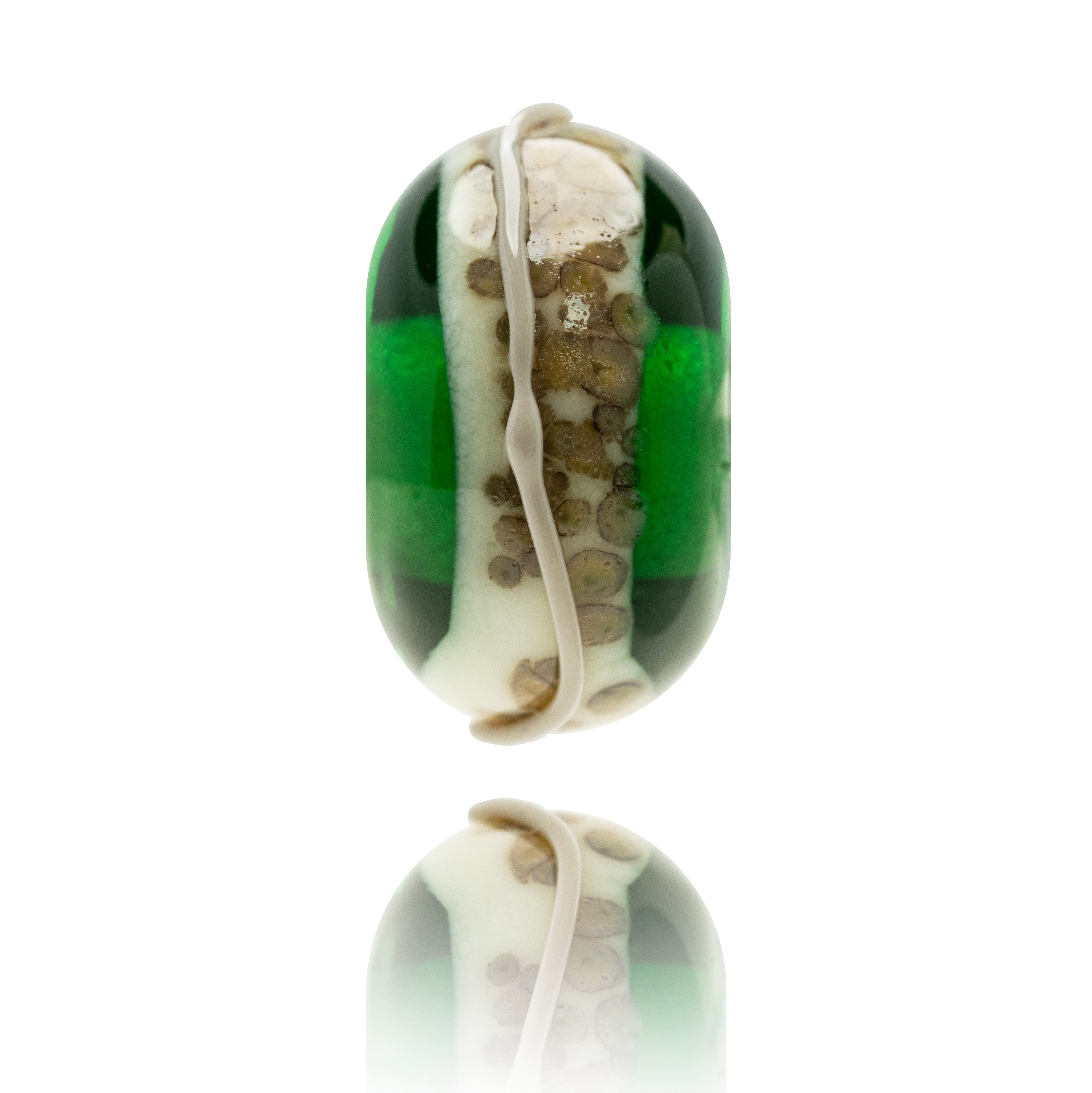 Green glass bead with cream and brown spotted pattern on the surface.