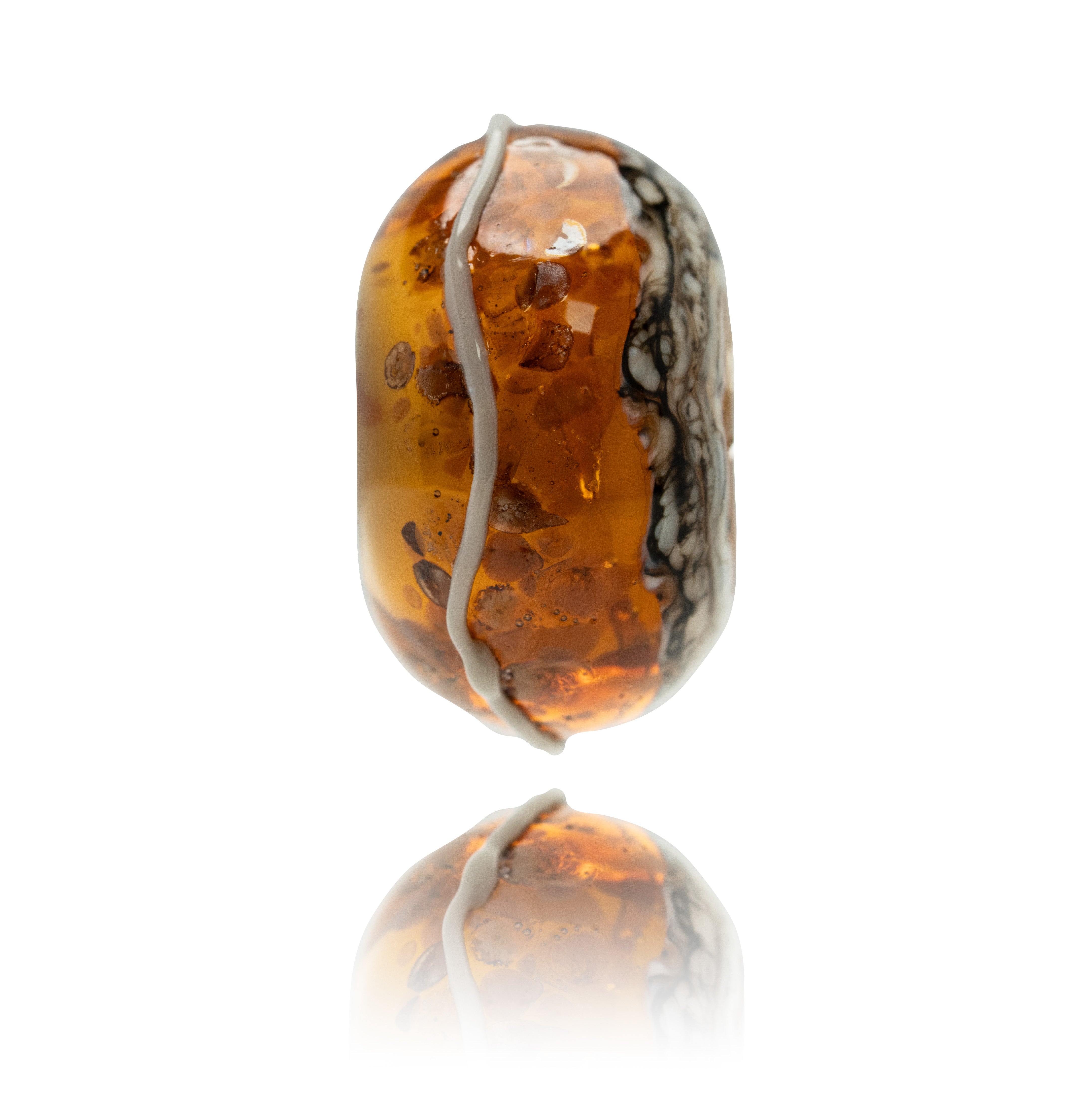 Amber bead with silver wrapping on a white background