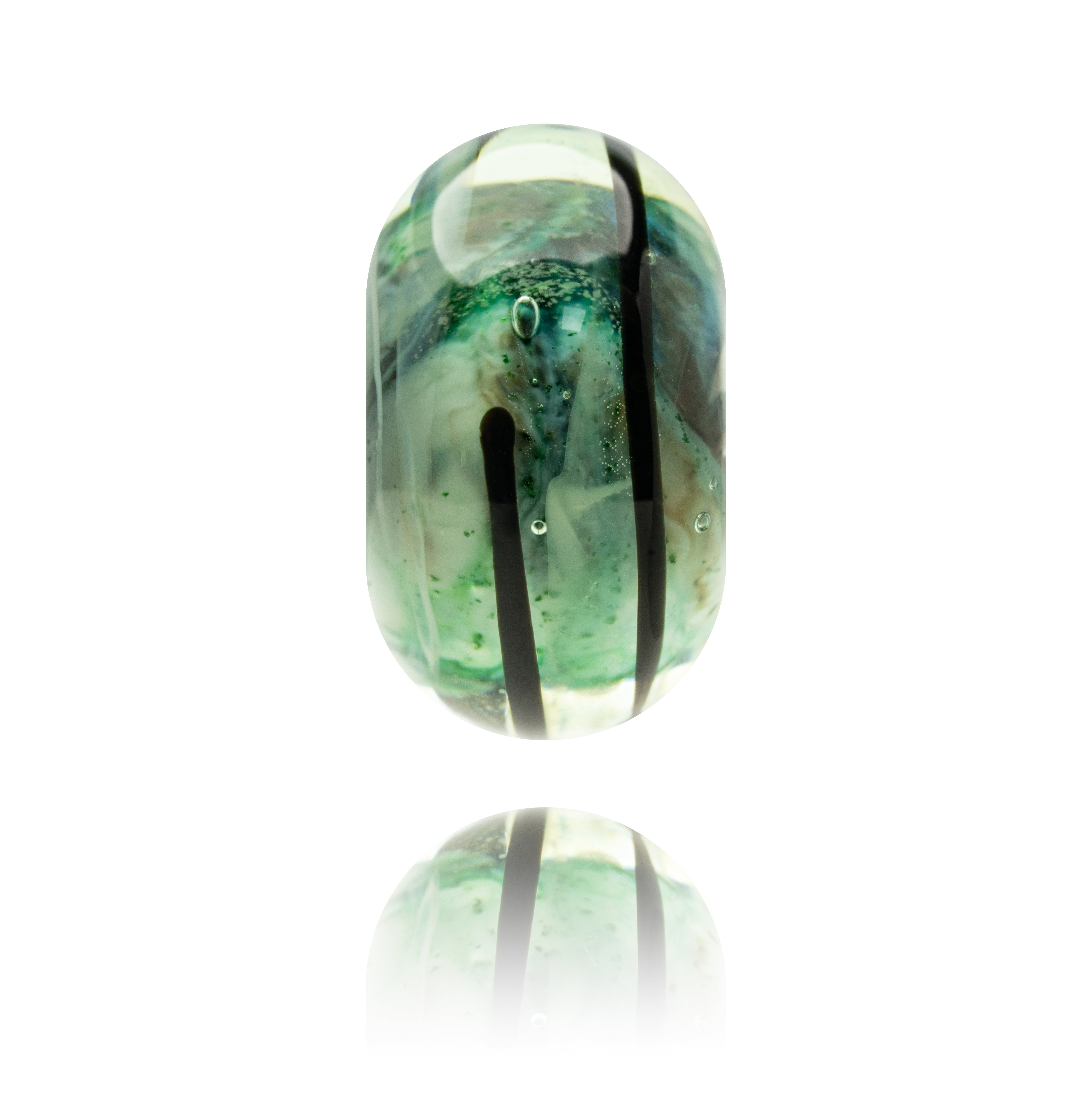 Swirling green glass bead with black stripe on surface.