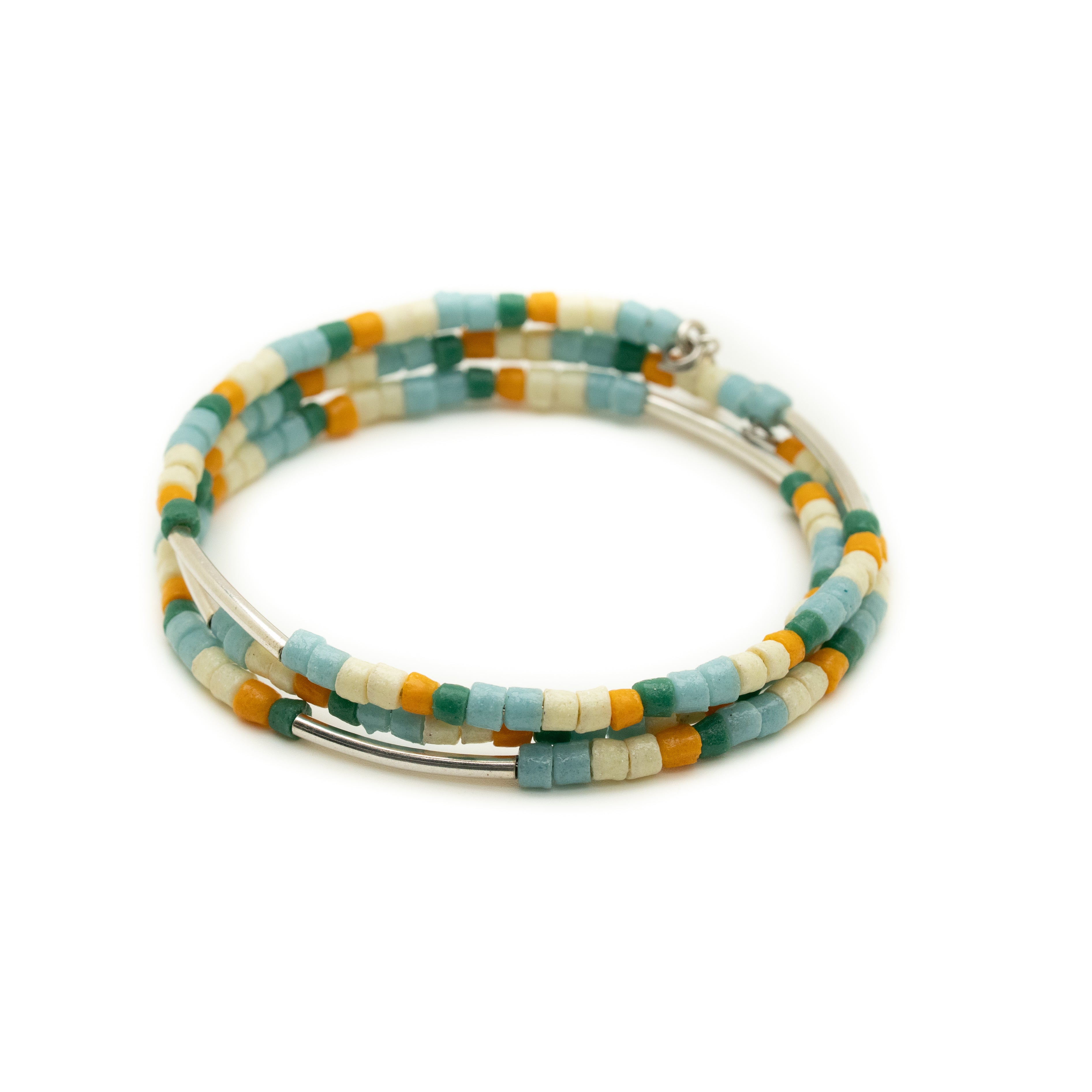 Multicolored beaded bracelet on a white background