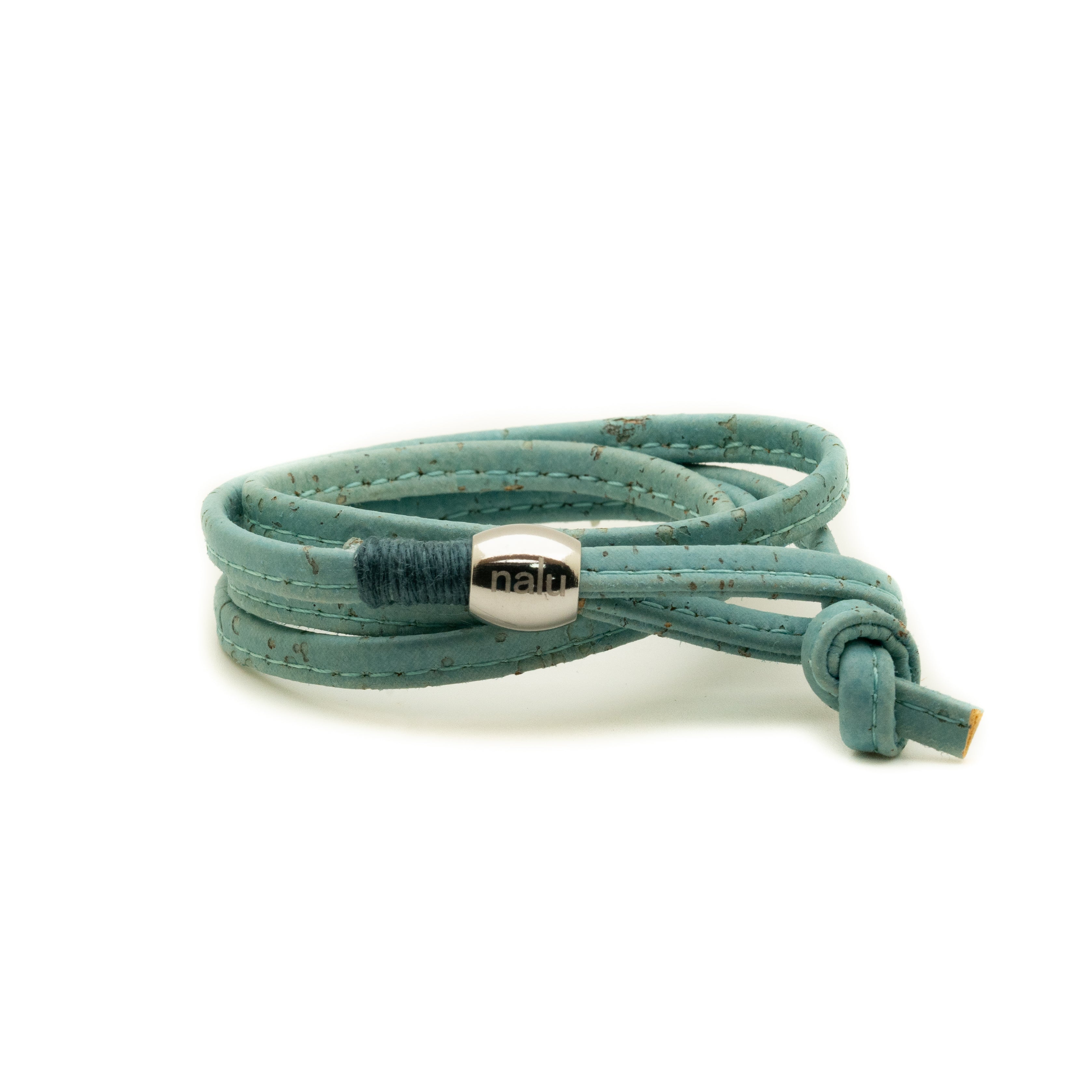 Turquoise cork wrap bracelet with silver nail bead toggle.