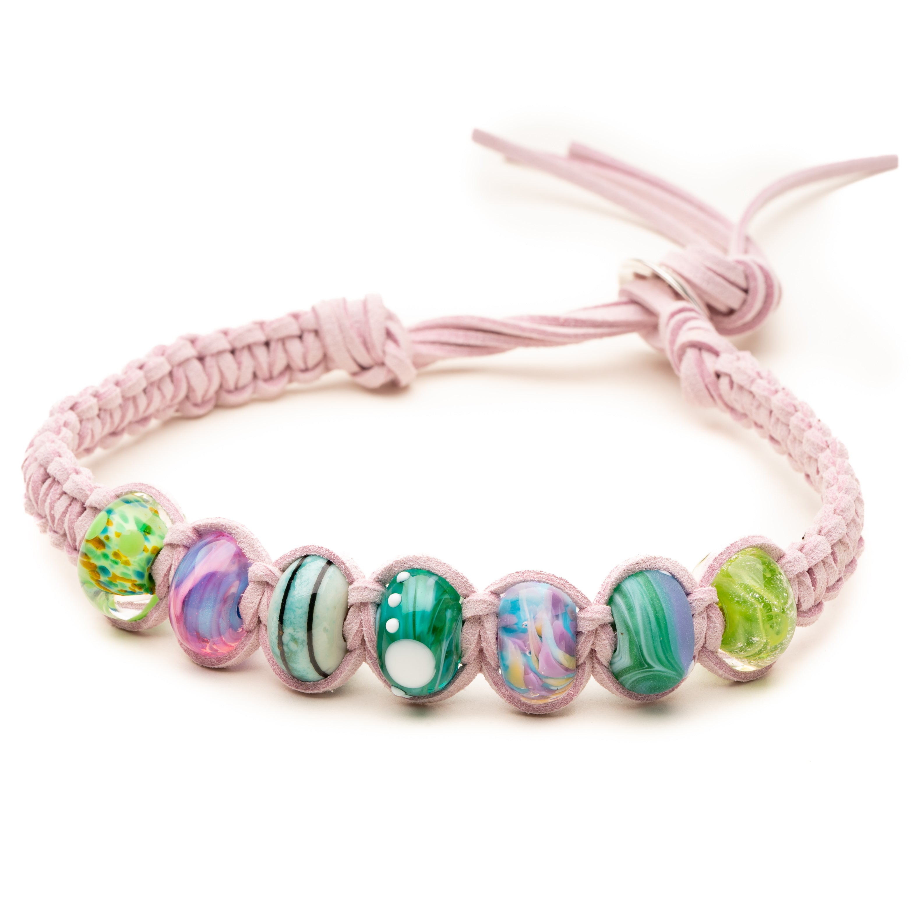 Colourful UK beach collection beads on thistle cord necklace.