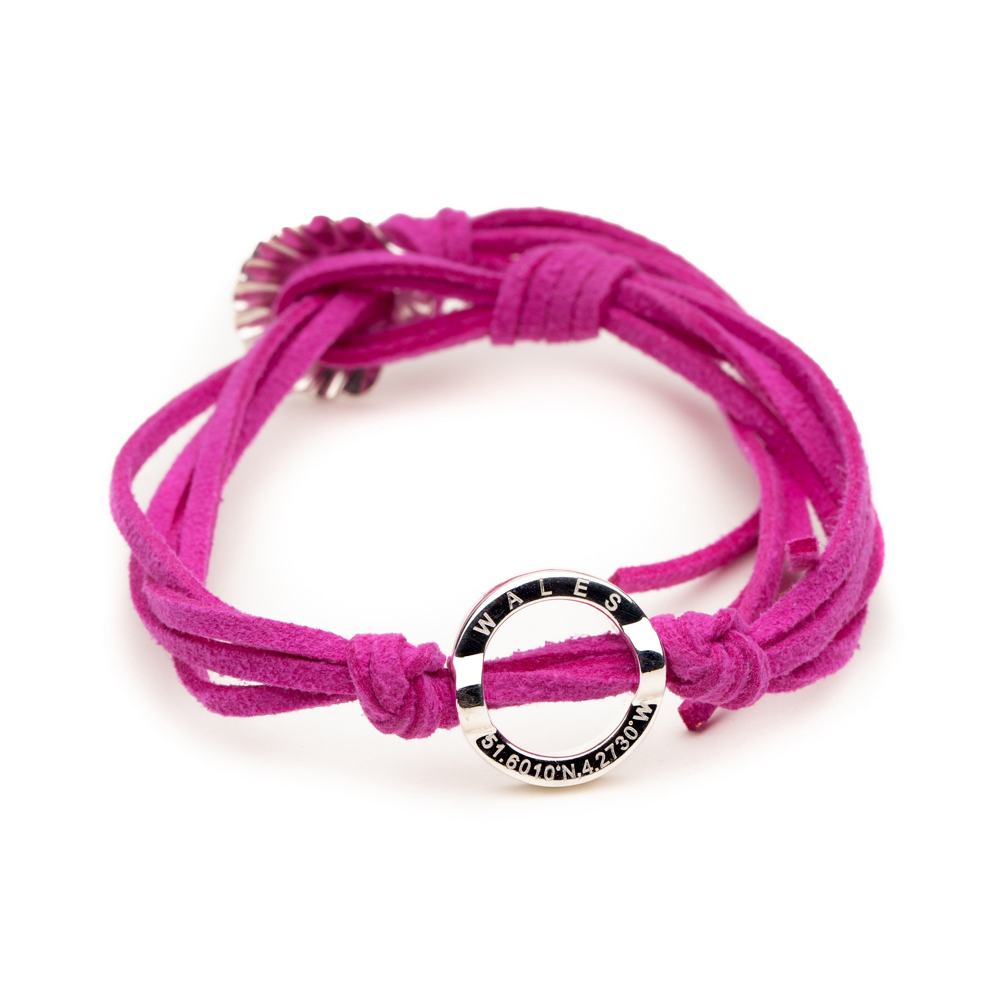 Welsh silver charm on pink cord bracelet.