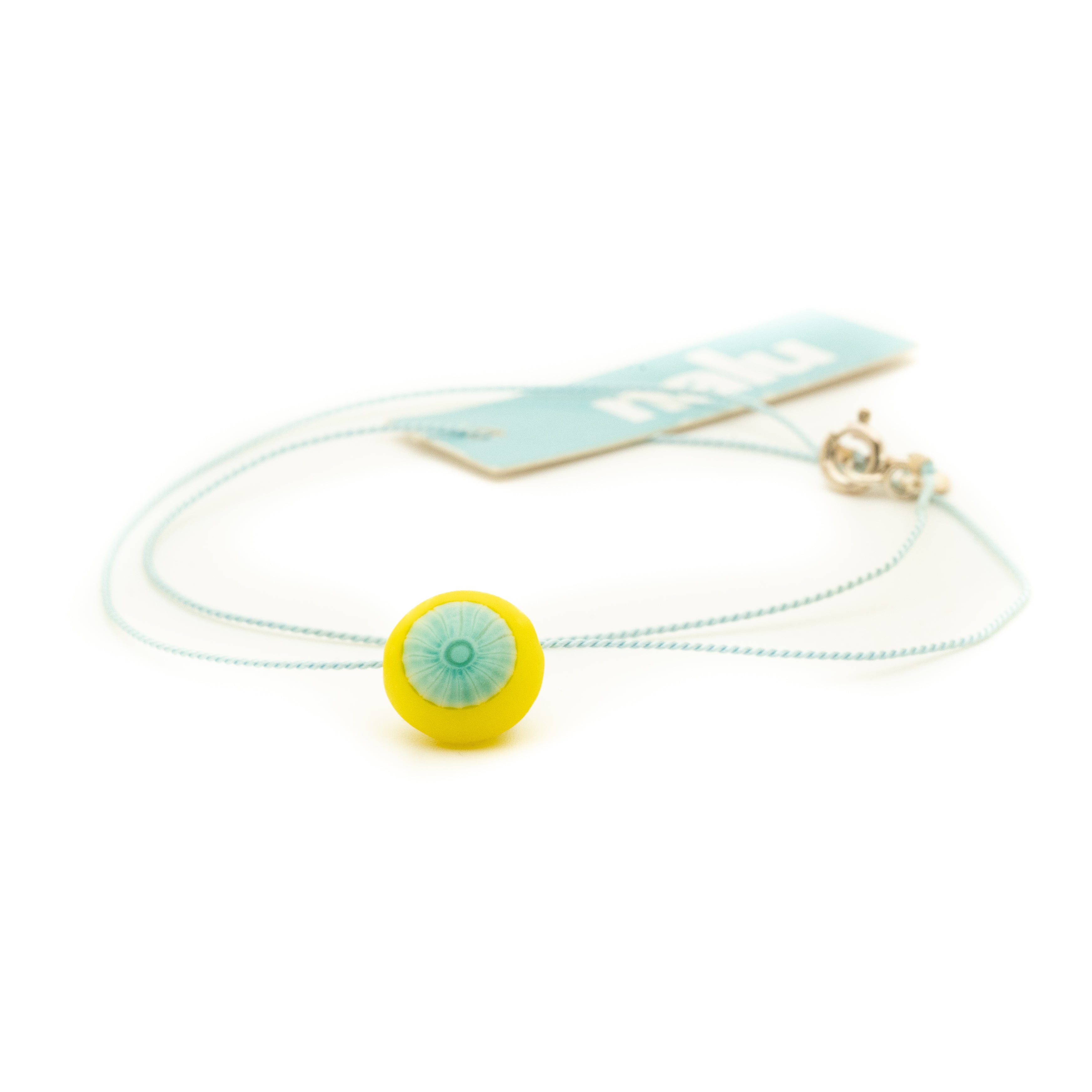 Yellow and green glass bead on turquoise silk cord necklace - short 16".