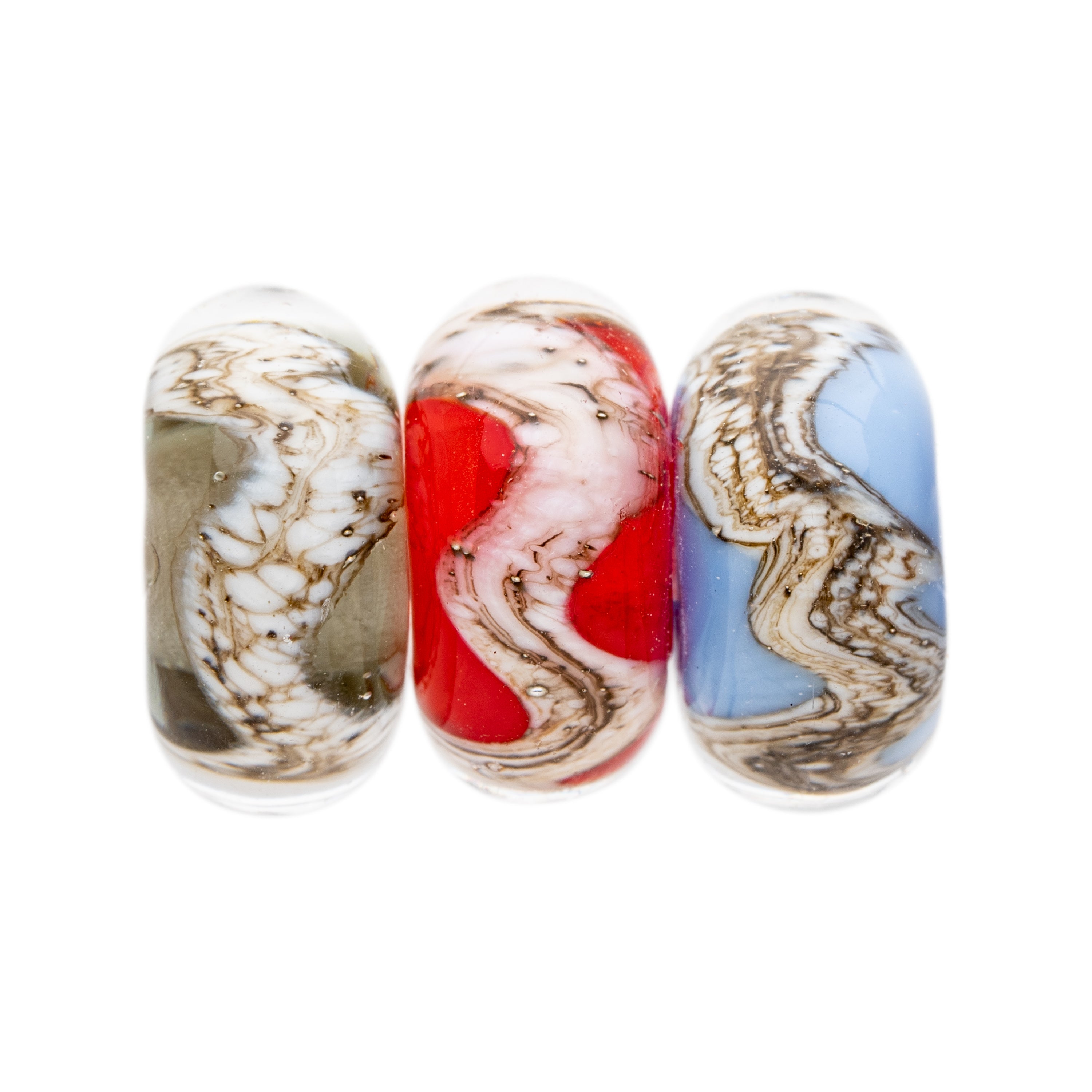 Grey, Red, blue glass beads wrapped with swirling silver sand pattern, representing the Yorkshire coastline.
