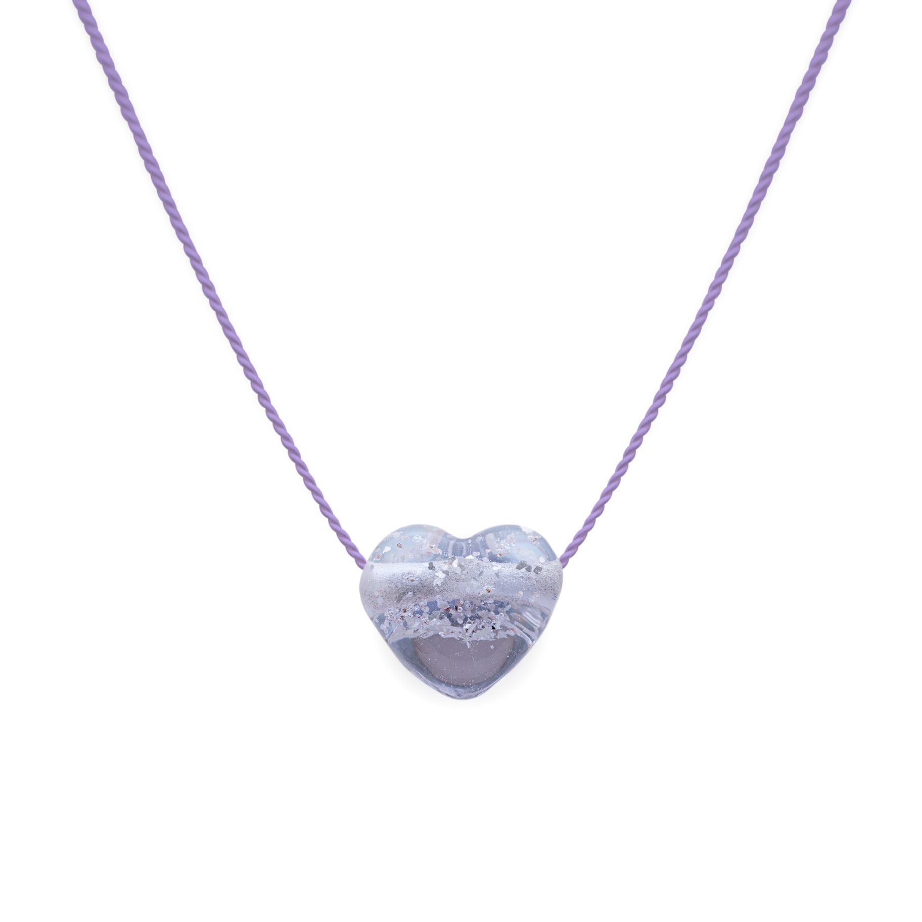 Lavender glass heart shaped pendant on lilac silk cord.