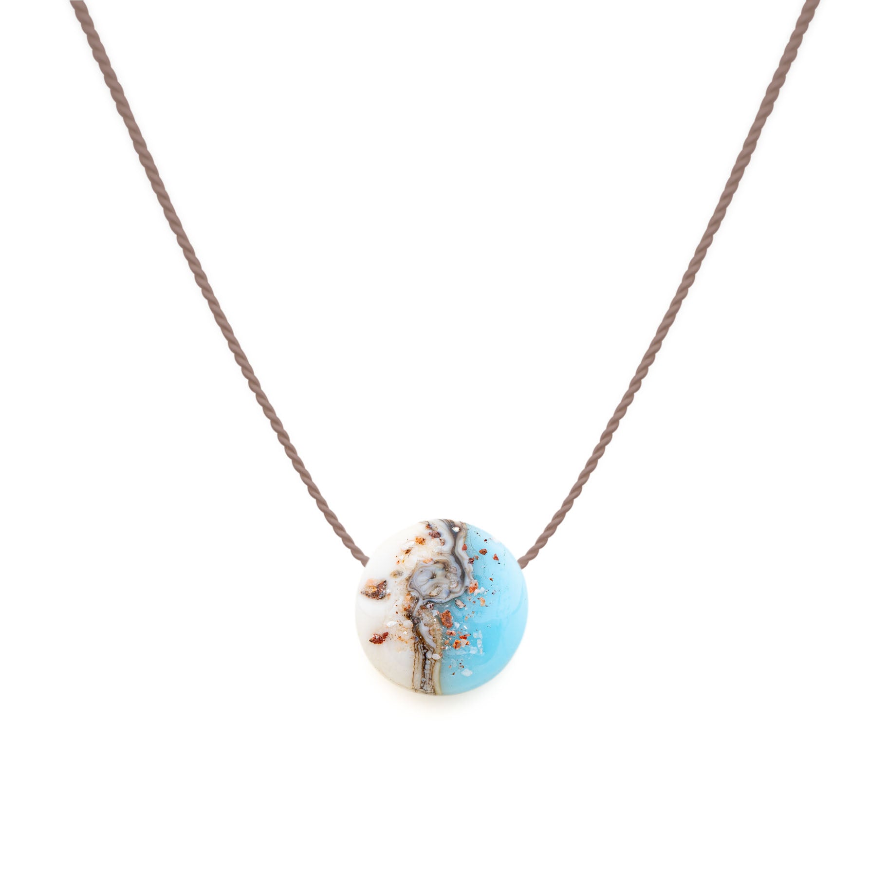 Blue and white glass shoreline inspired bead strung on a silk natural necklace.