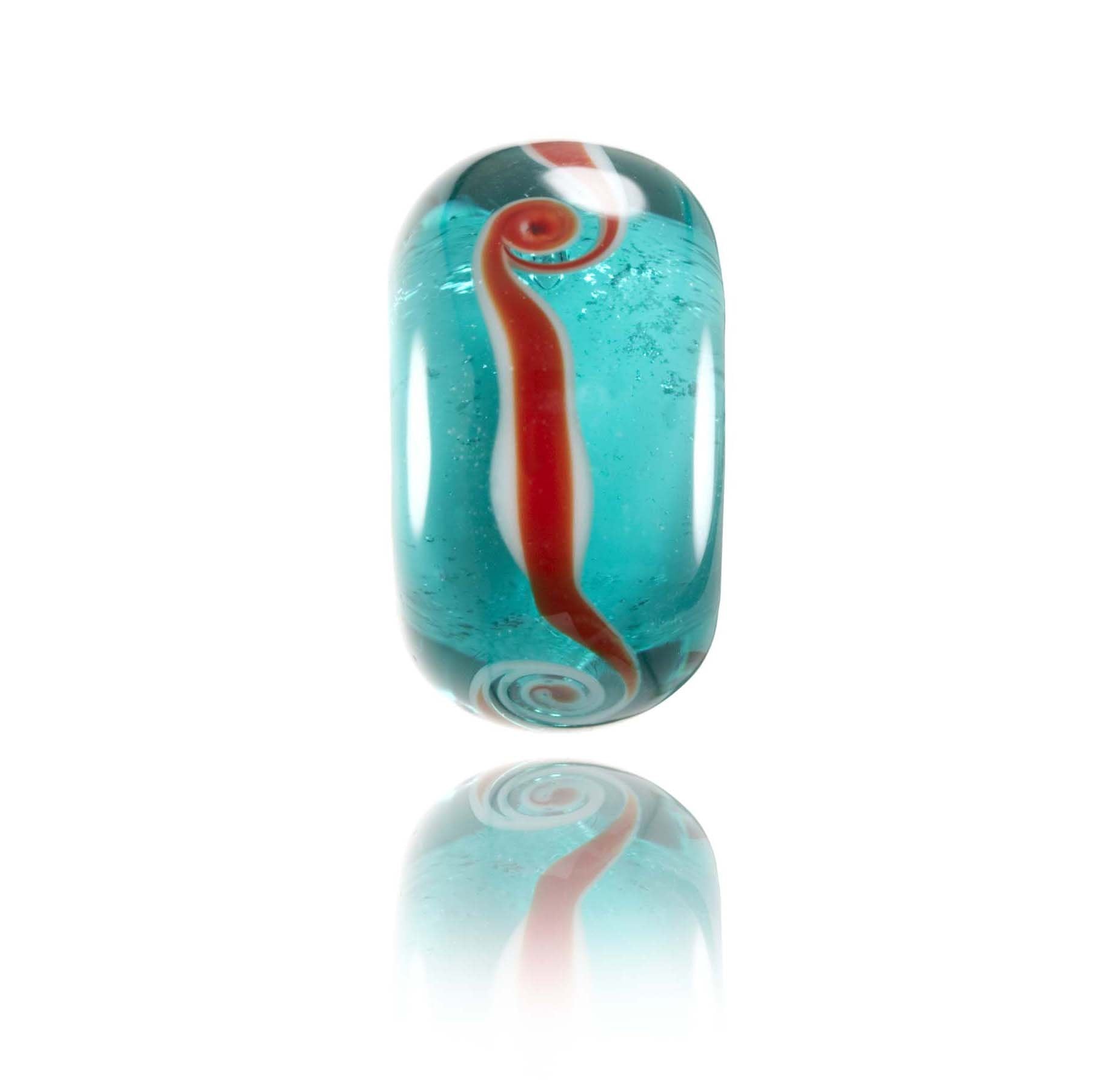 Teal Murano glass bead wrapped with red and white stripe around the middle inpsired by the beach at Angourie Point in Australia.