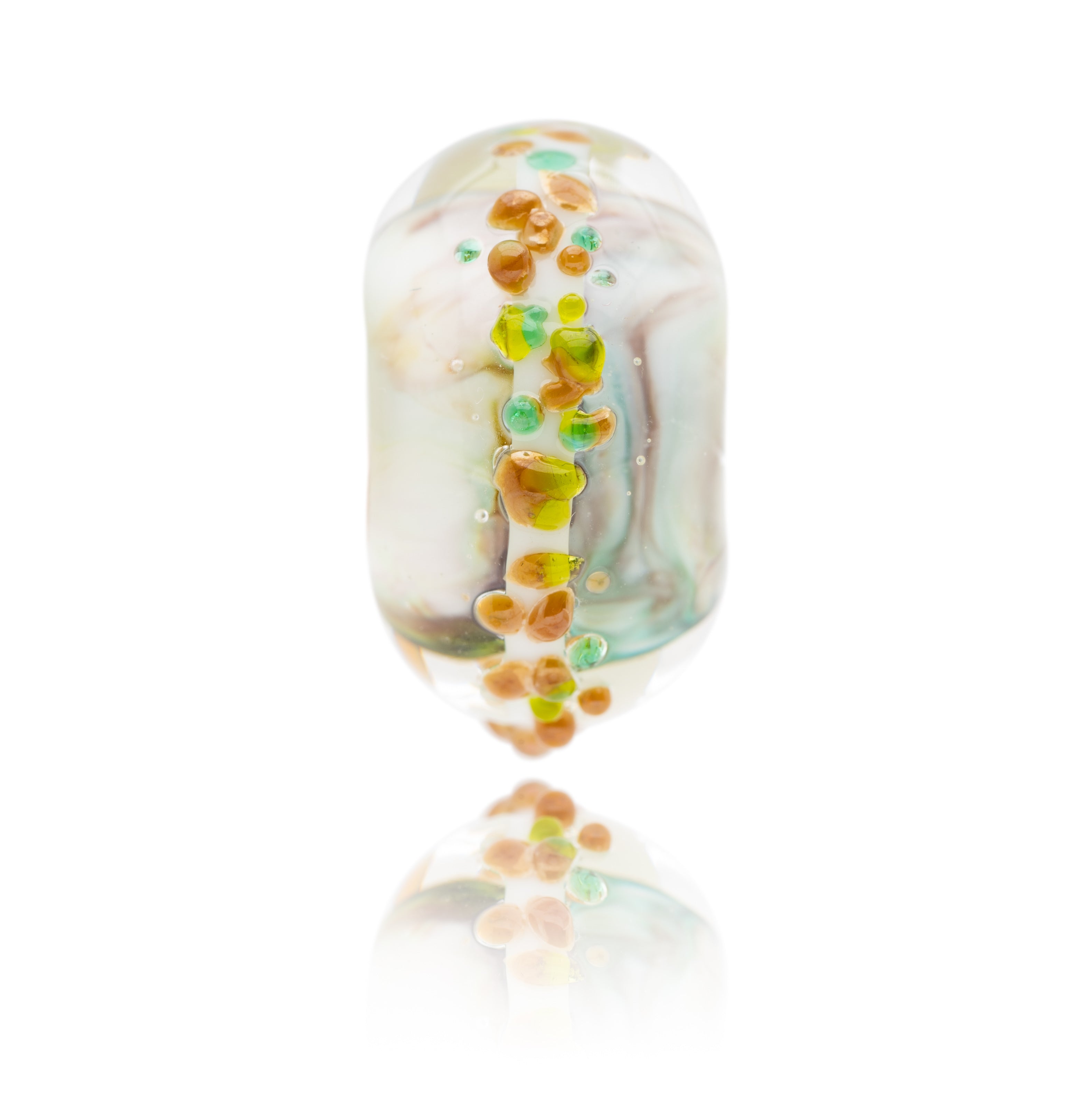 Brown, green, yellow, white swirling glass bead charm inspired by Allenheads snow resort in Cumbria, UK.