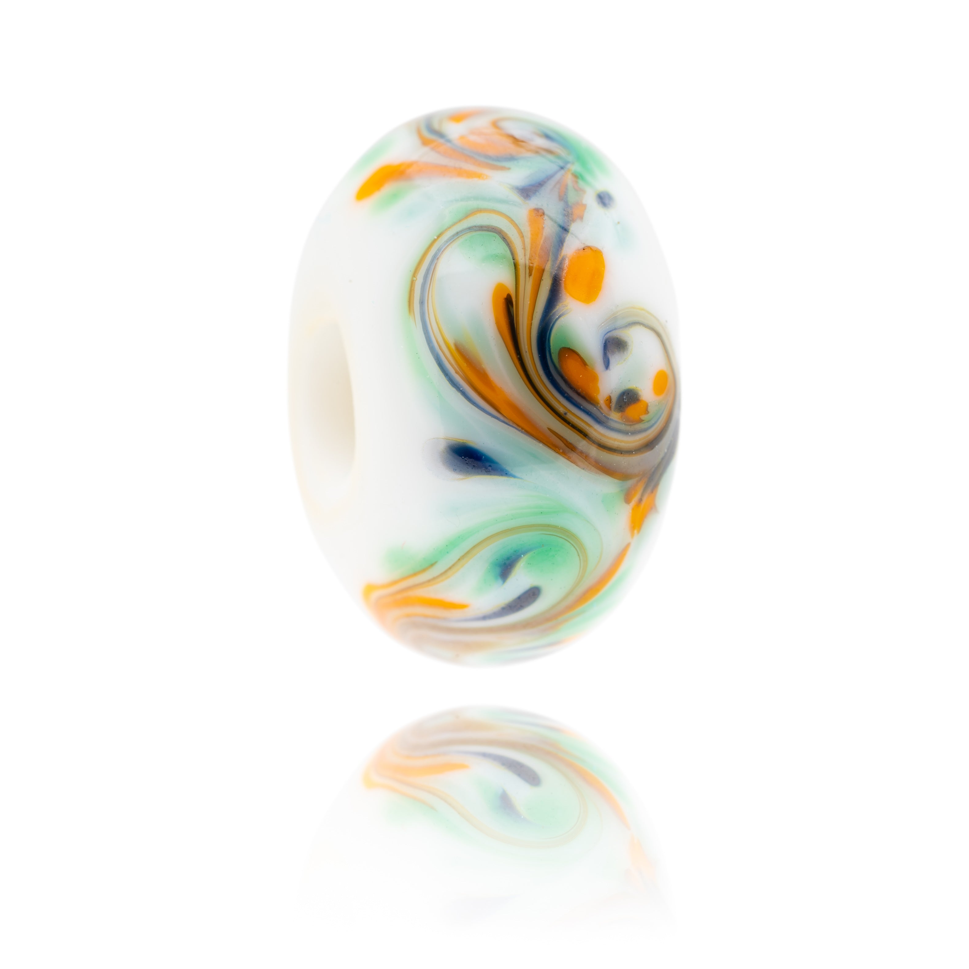 Purple, green, orange and white swirled glass bead inspired by Alum Chine Beach in Dorset on angle.