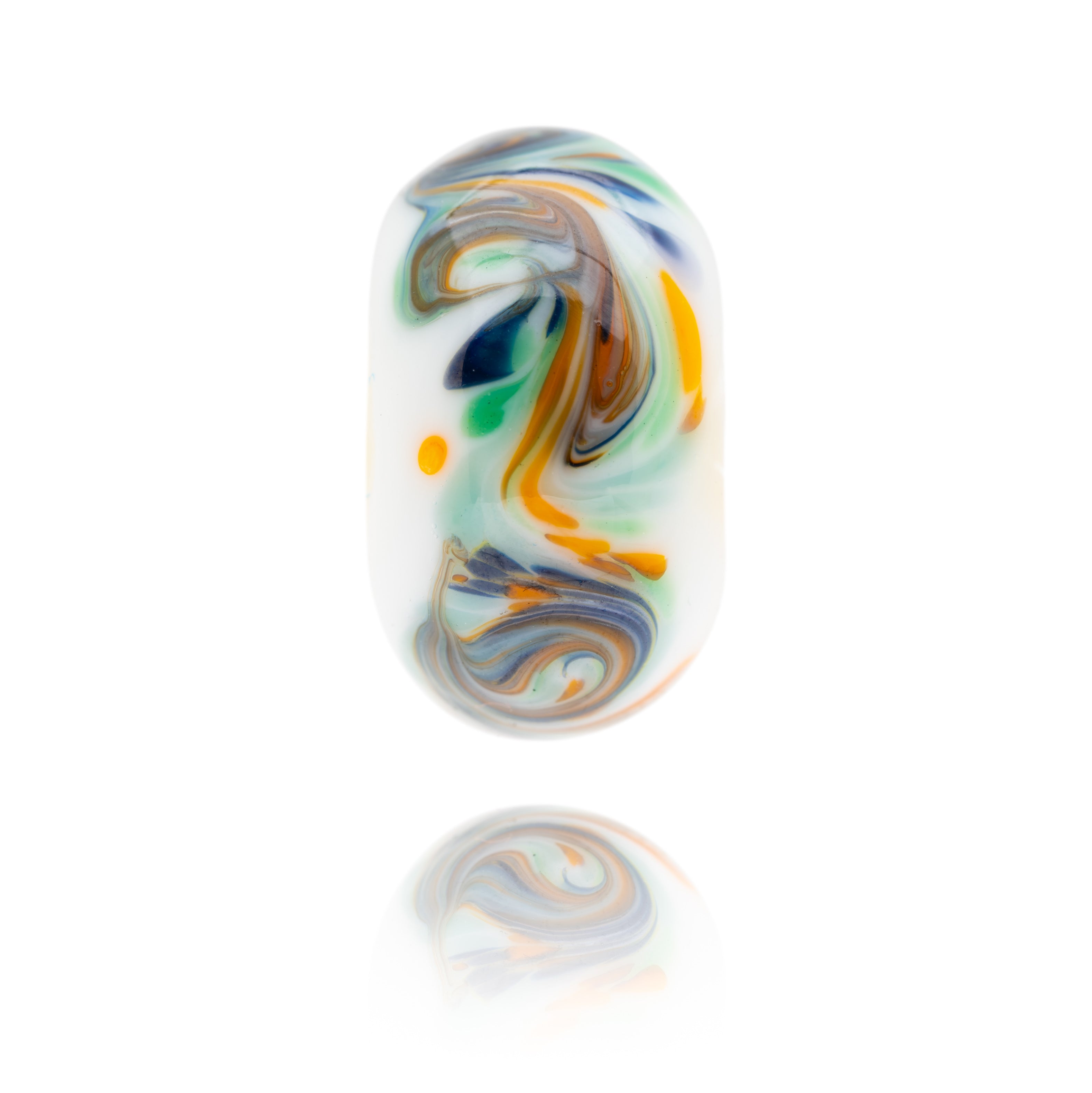 Purple, green, orange and white swirled glass bead inspired by Alum Chine Beach in Dorset.