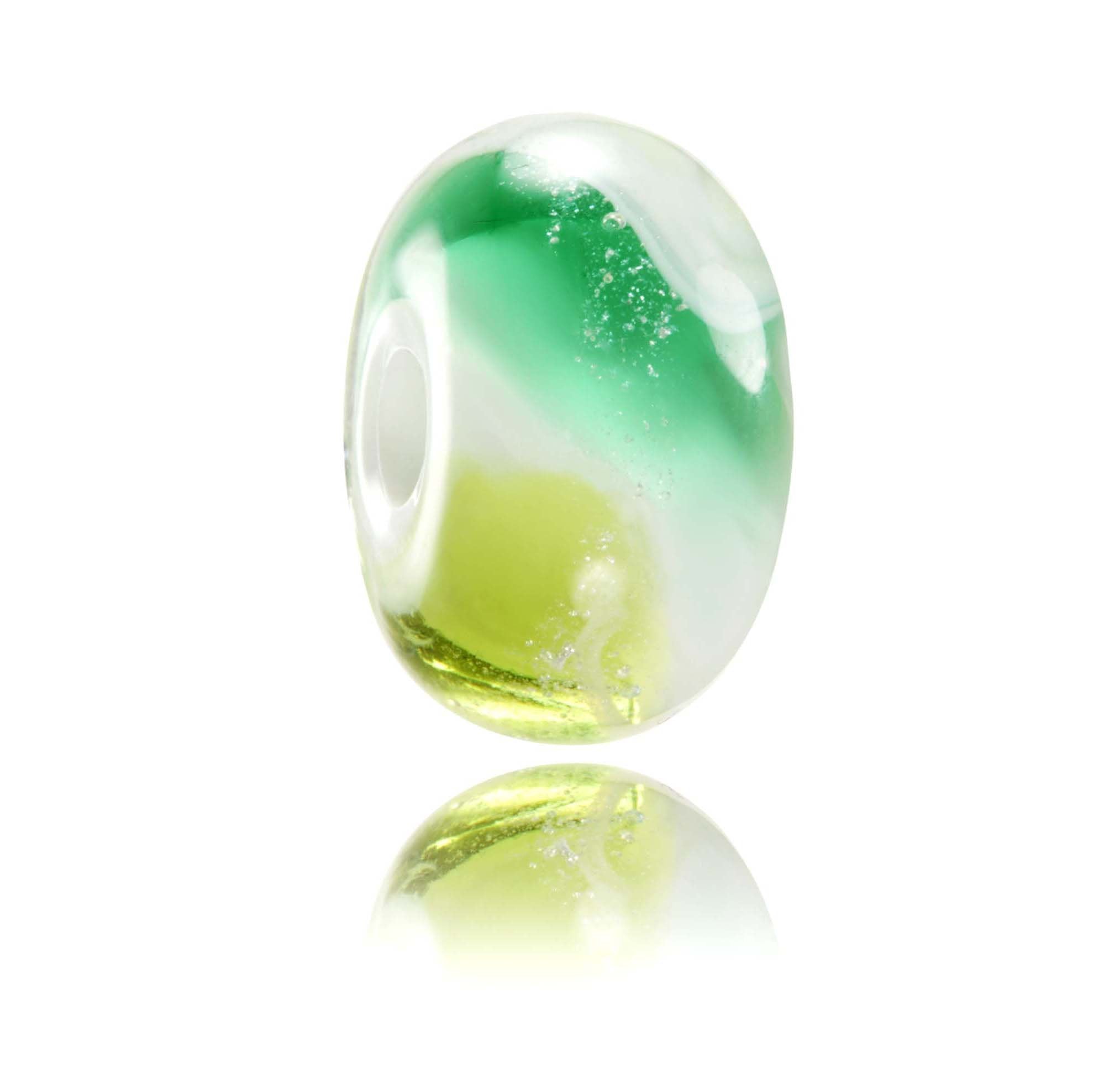 Green, yellow and white swirling shimmering glass bead representing Pipeline Surf Spot on the North Shore Hawaii.