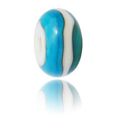 Cream, green and blue glass bead for Portballintrae in Ireland.