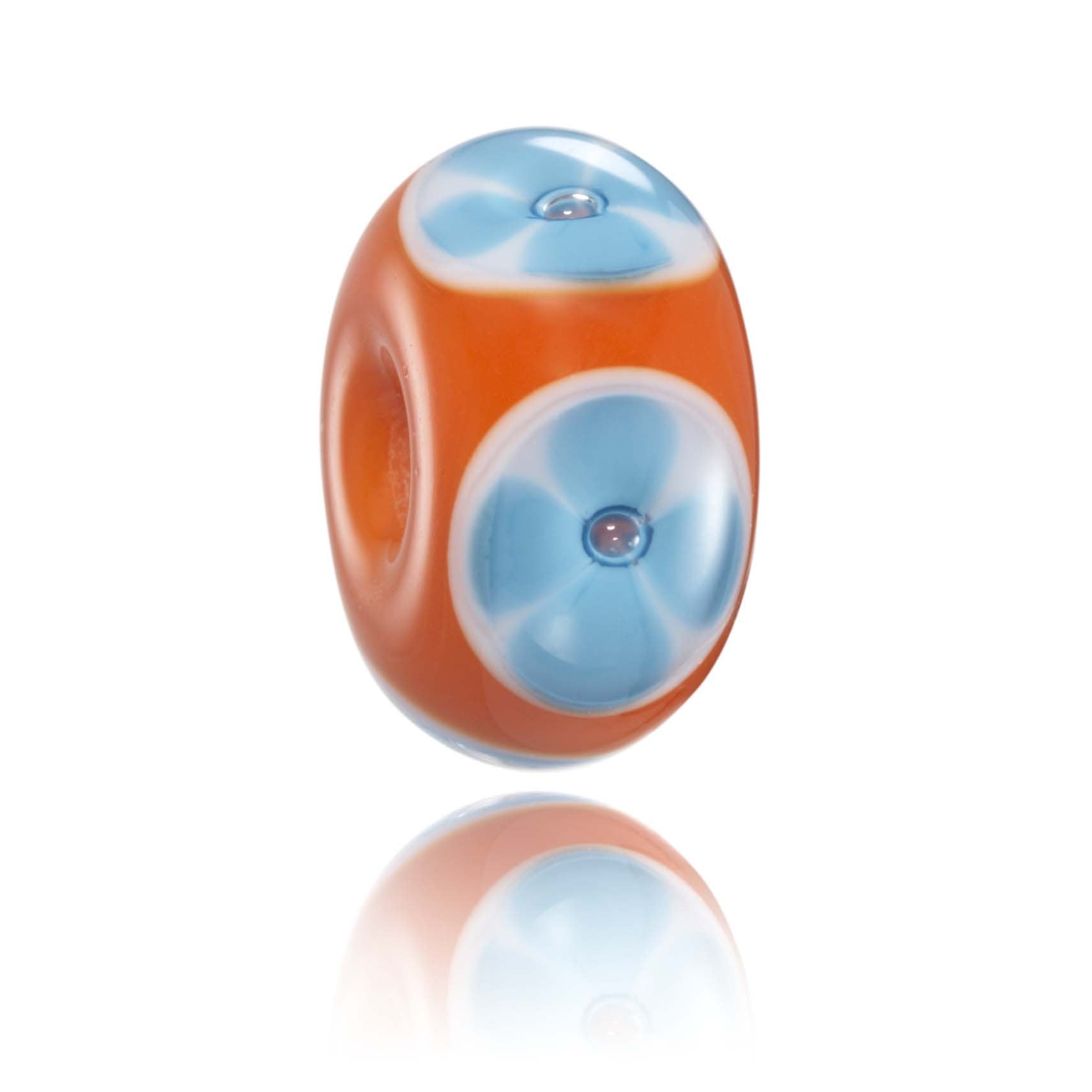 Bright orange, white and blue Murano glass lamp work bead representing Burleigh Heads in Australia.