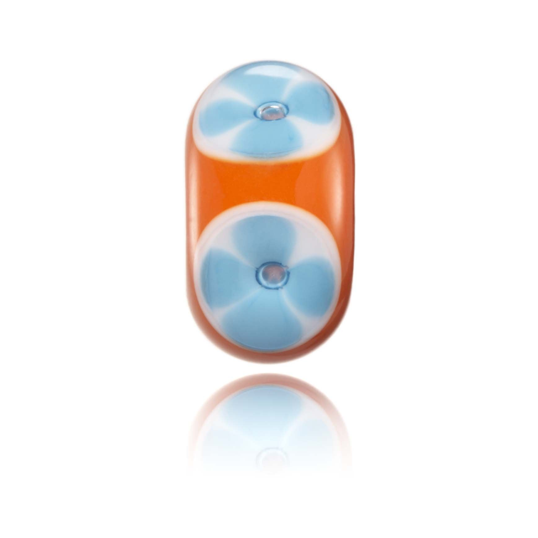 Bright orange, white and blue Murano glass lamp work bead representing Burleigh Heads in Australia.