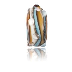 Swirling brown, blue, white glass bead with raised dots of clear glass on surface made to represent Haryln Bay in Cornwall.