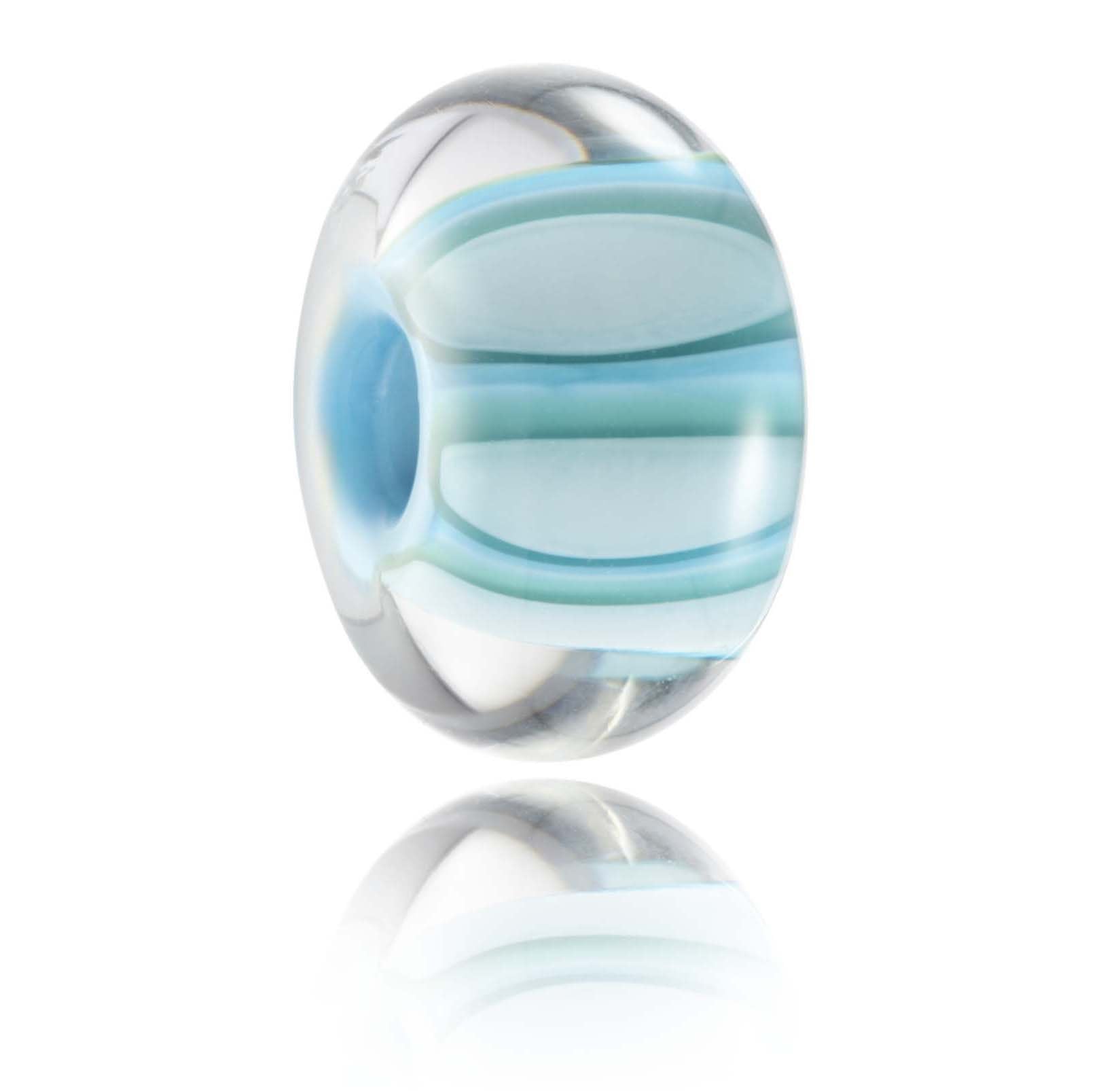 Turquoise, green and clear striped glass bead representing Porthtowan beach in Cornwall, UK.