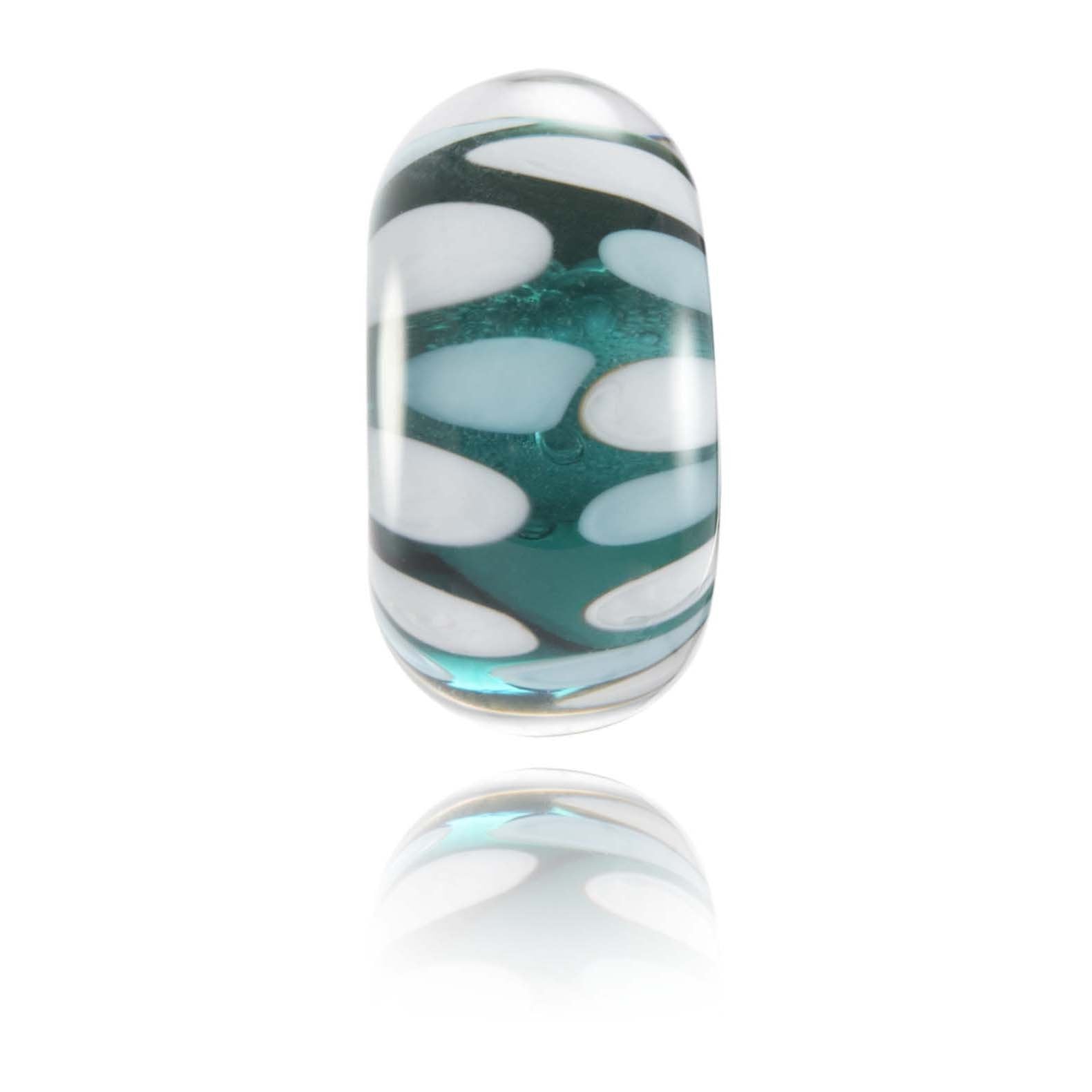 Green glass bead with white and pale blue dot patterns, representing Portreath beach in Cornwall, UK.