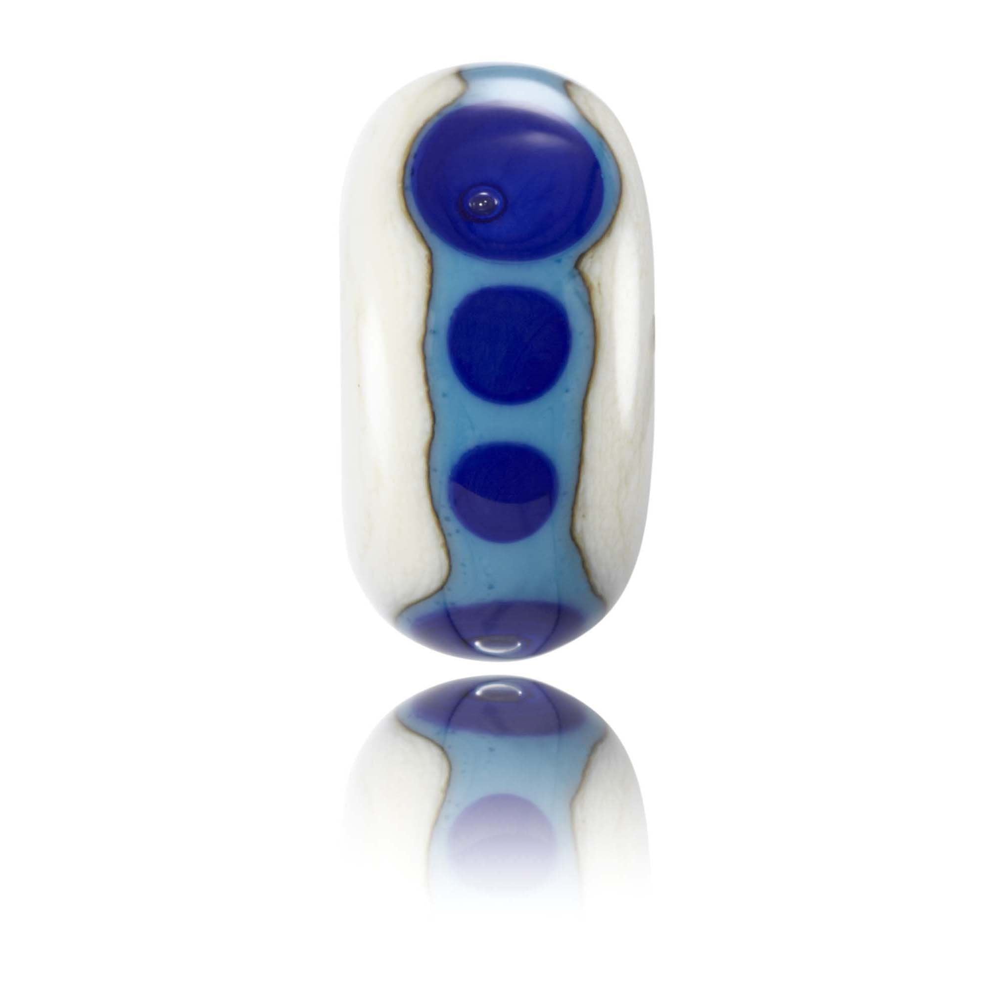 Cream, blue and turquoise glass bead with dot patterns around the middle, representing Praa Sands Beach In West Cornwall, UK.