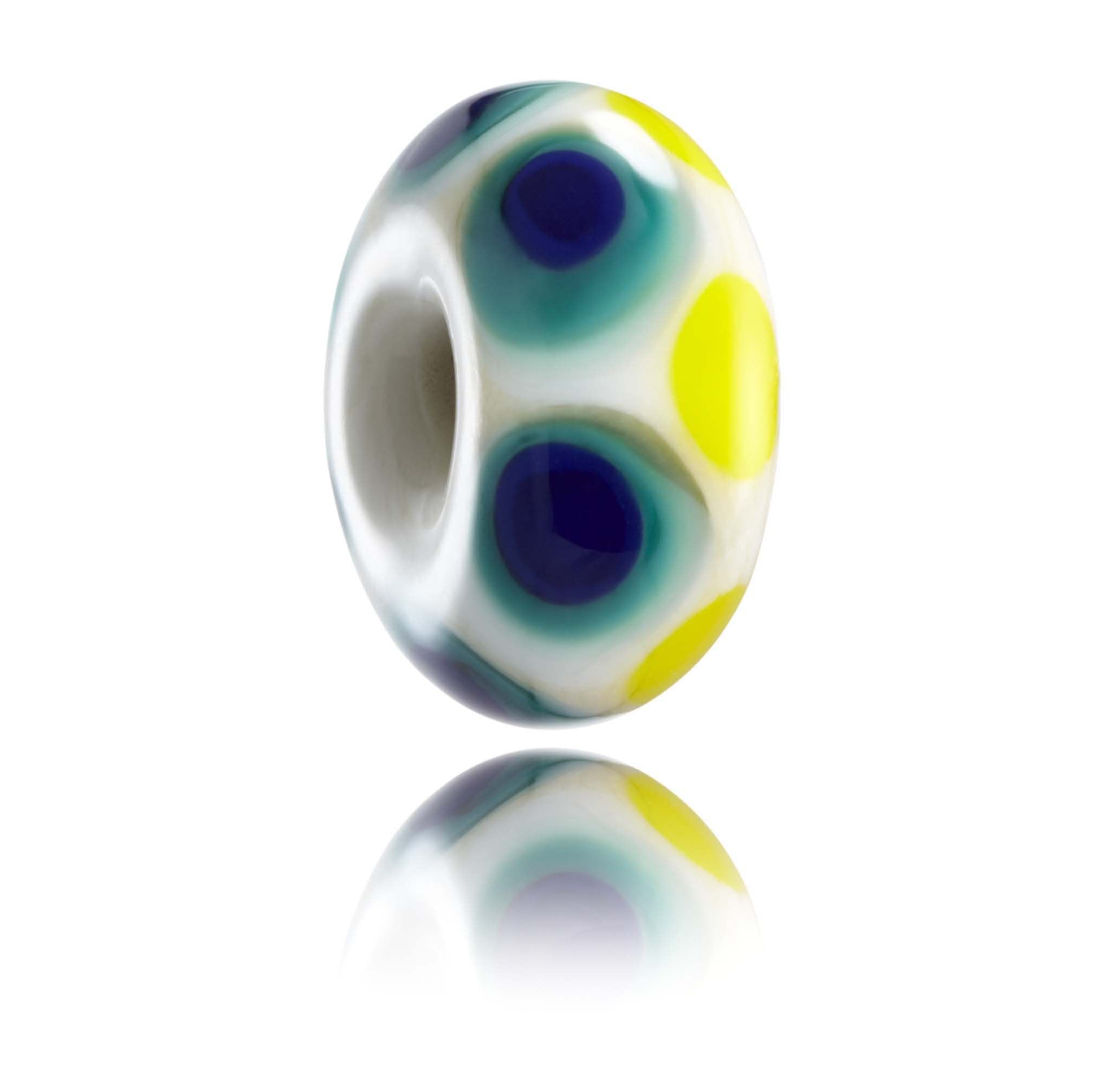 Cream, yellow, blue and green spotted glass bead representing Bondi Beach In Australia.