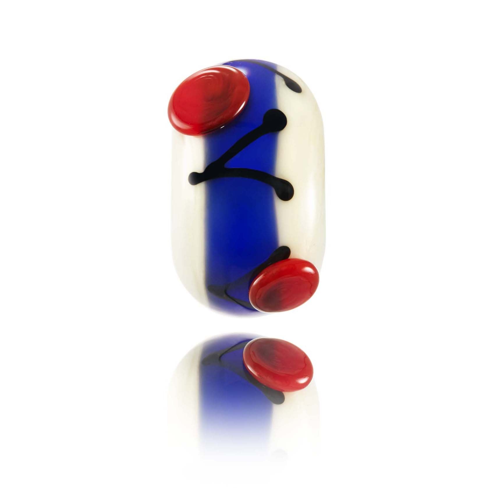 Cream glass bead with a blue stripe around the middle and red dots and black stripes patterns. Representing the Philippines in Asia.
