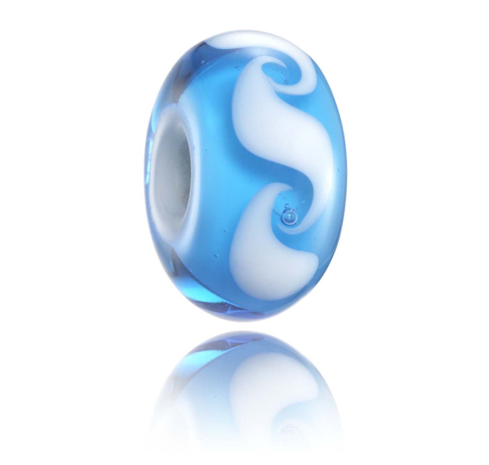 Blue and white lamp work glass bead representing Bells Beach in Australia.