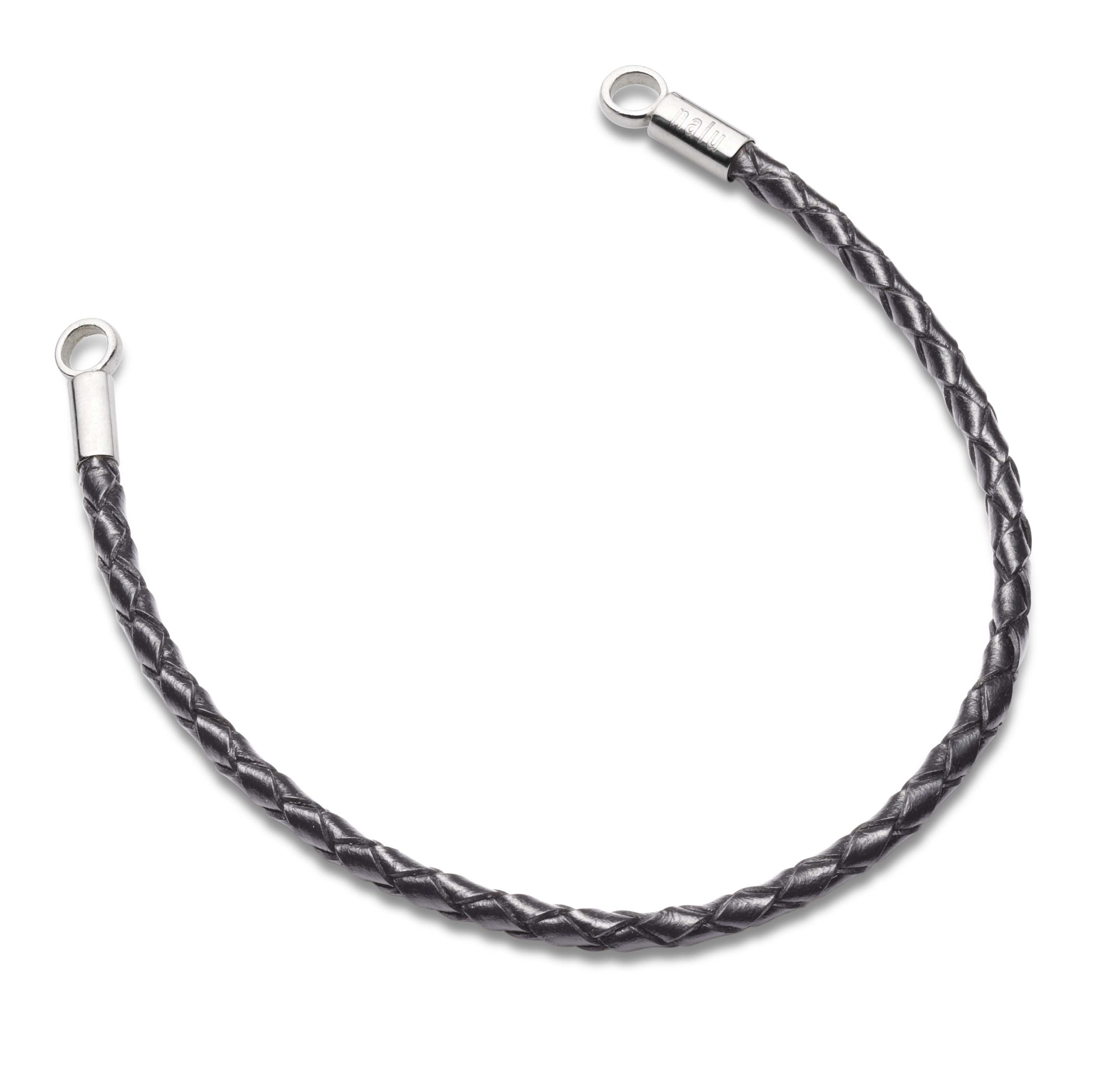 Black plaited leather and silver bracelet strap.