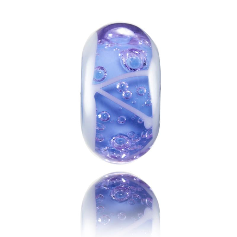 Purple glass bead with bubble inside and white stripes with side representing Banff National Park in Canada.