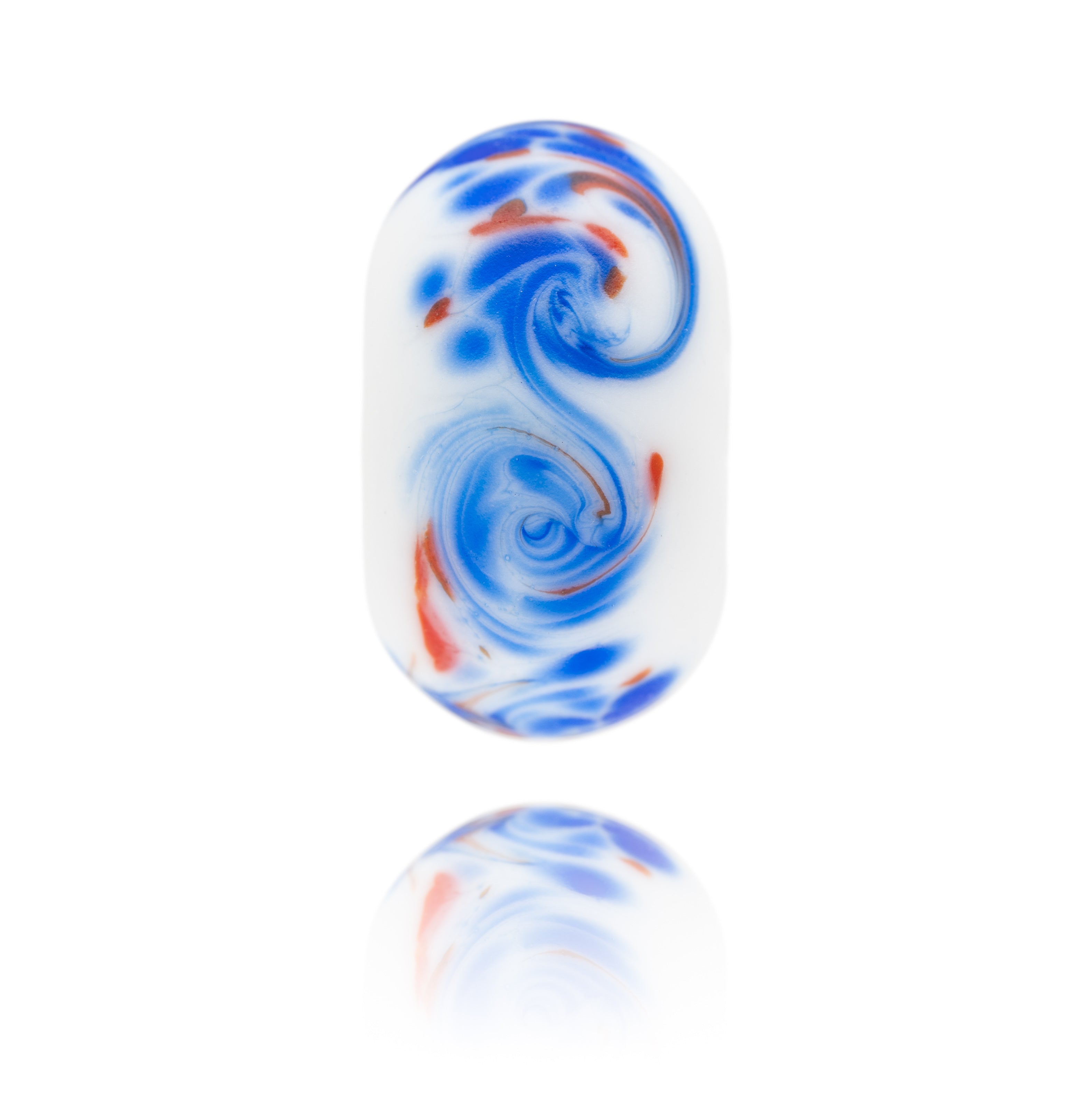 White glass bead with swirling red and blue patterns on surface representing Botany Bay in Kent.