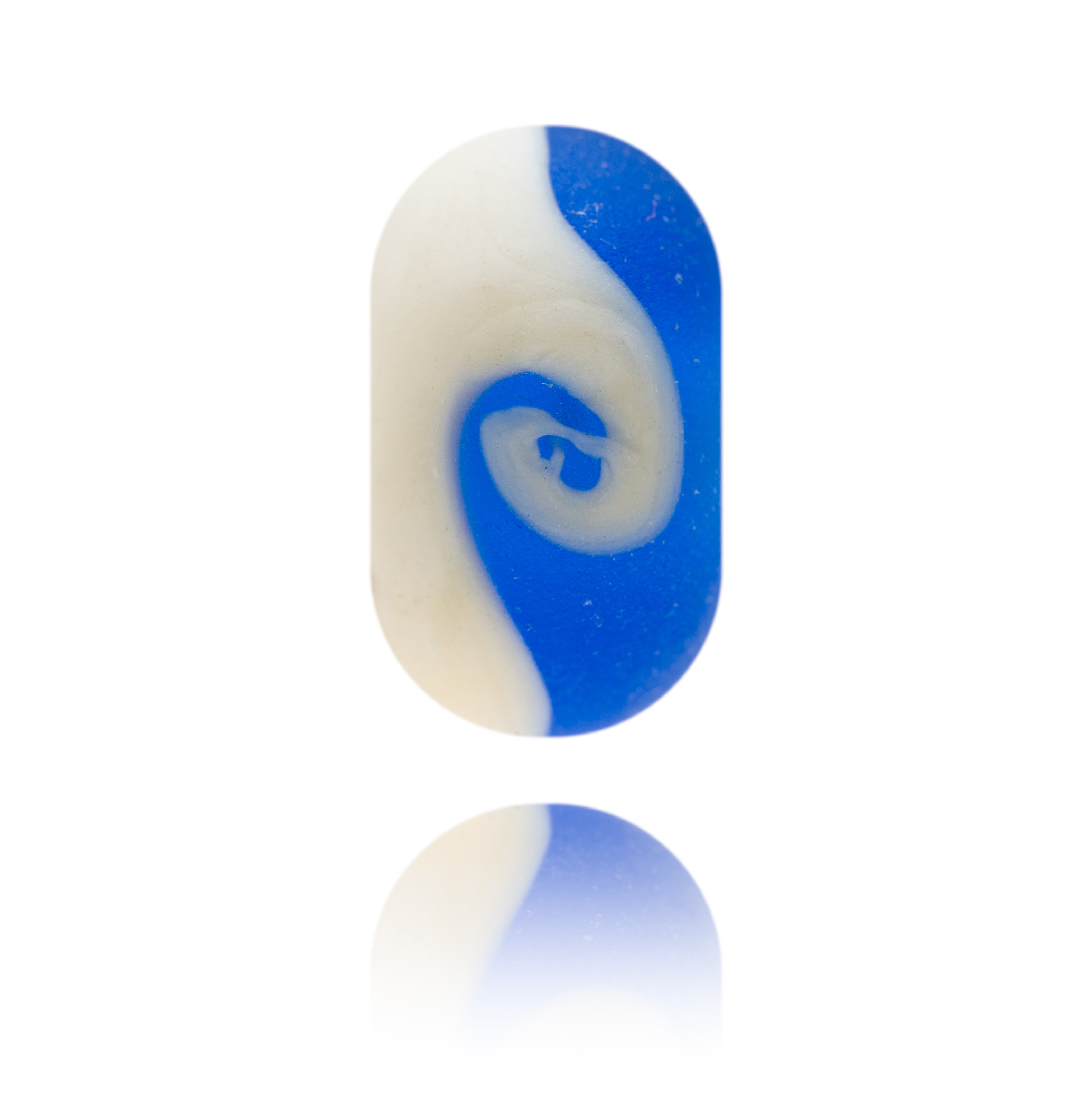 Blue and cream glass bead with matte surface representing Brancaster Beach in Norfolk.