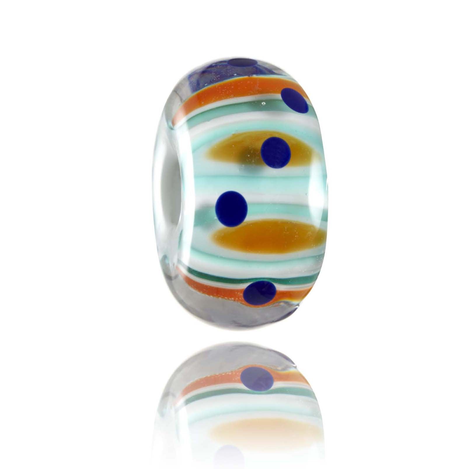 White, blue, Orange and green Murano glass lamp work bead representing Cabaret Beach in Australia.