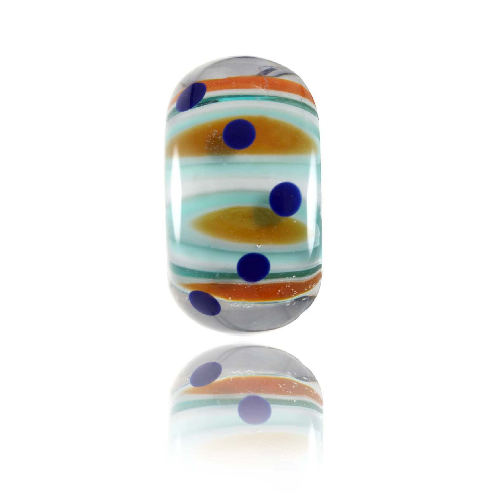 White, blue, Orange and green Murano glass lamp work bead representing Cabaret Beach in Australia.