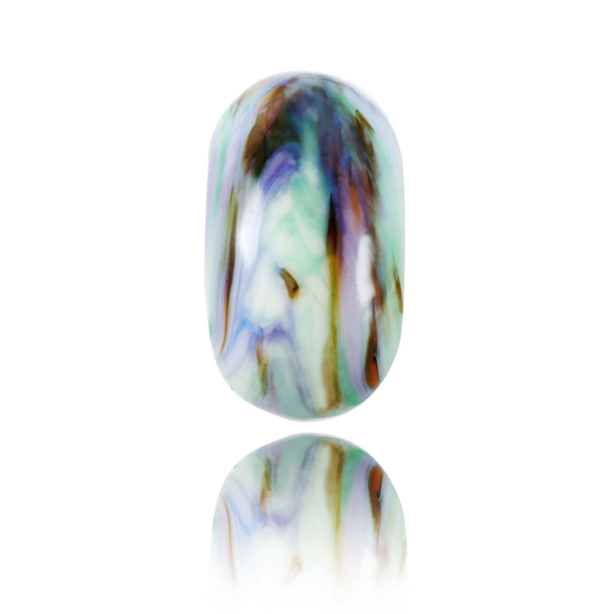 Swirling green, white, purple and brown lamp work glass bead for Carbis Bay in Cornwall.