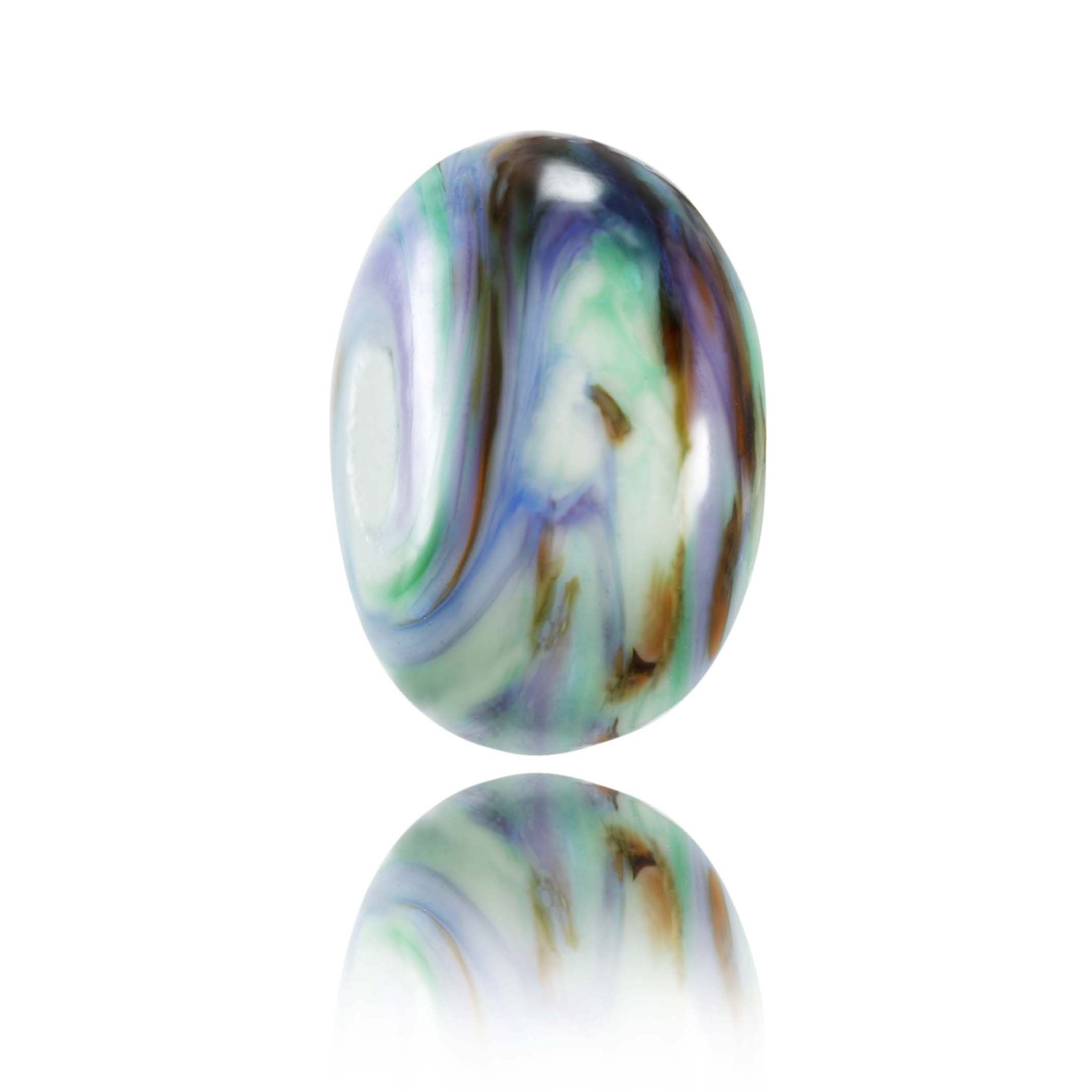 Swirling green, white, purple and brown lamp work glass bead for Carbis Bay in Cornwall.