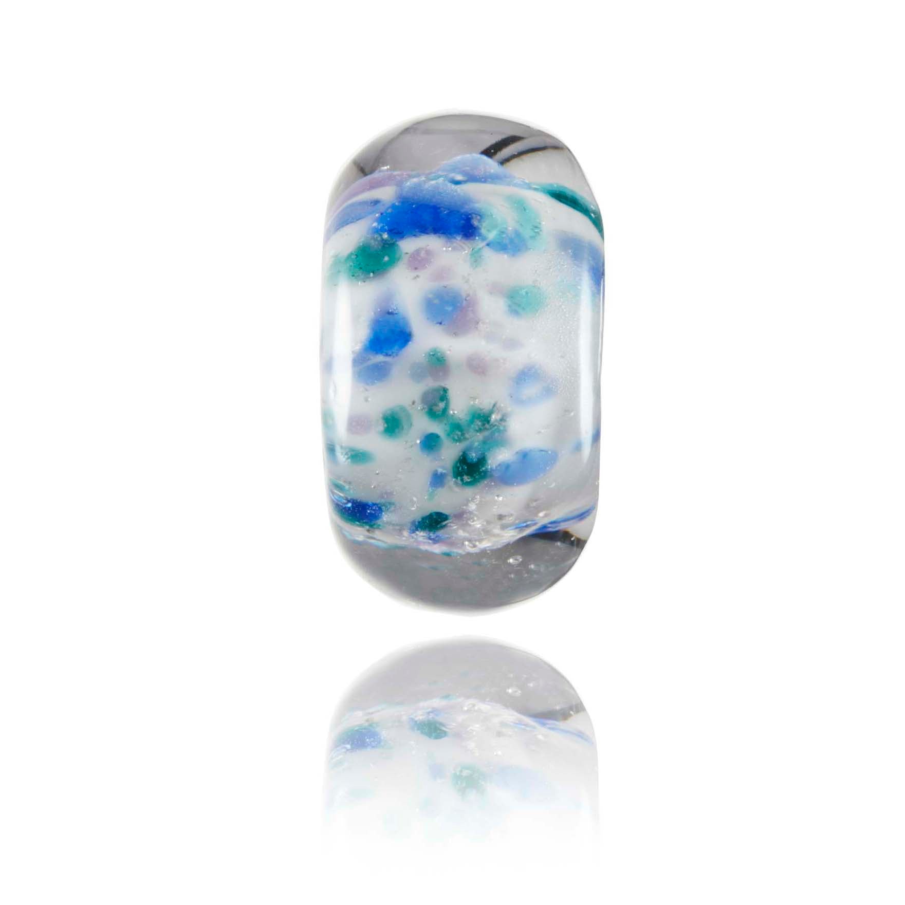 White glass bead with green, blue, purple speckles and sparkle for Chapel Porth beach in Cornwall.