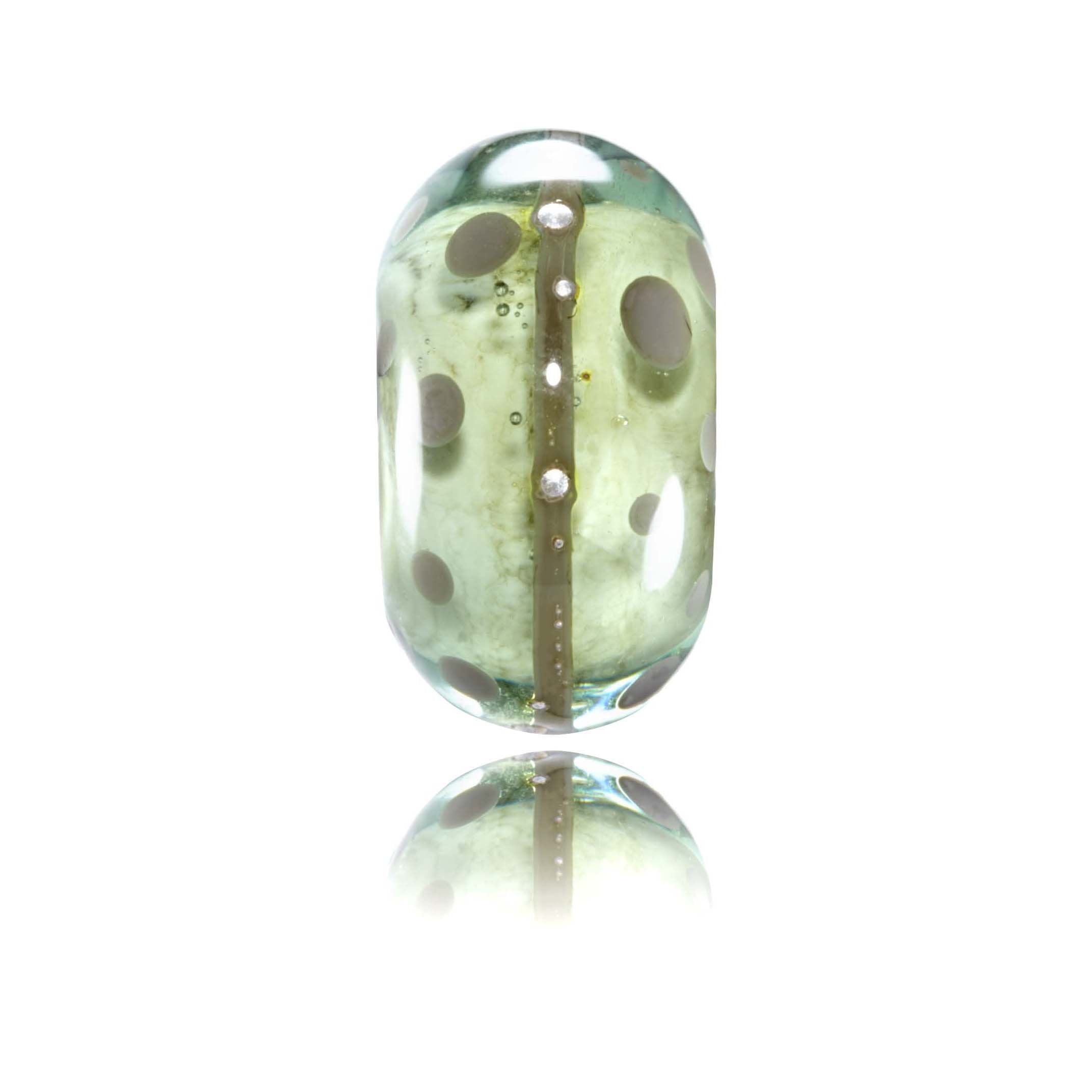 Green, grey and silver glass bead made to represent Clovelly Village in North Devon.