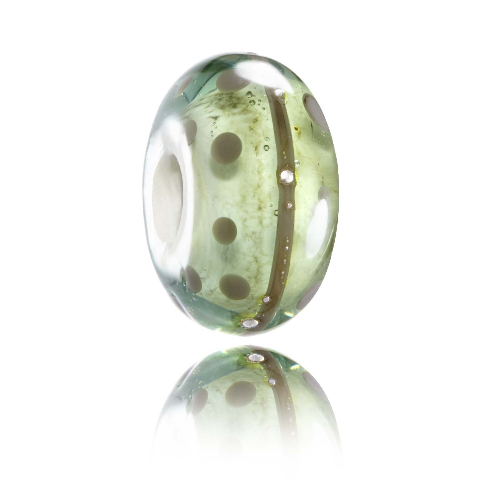 Green, grey and silver glass bead made to represent Clovelly Village in North Devon.