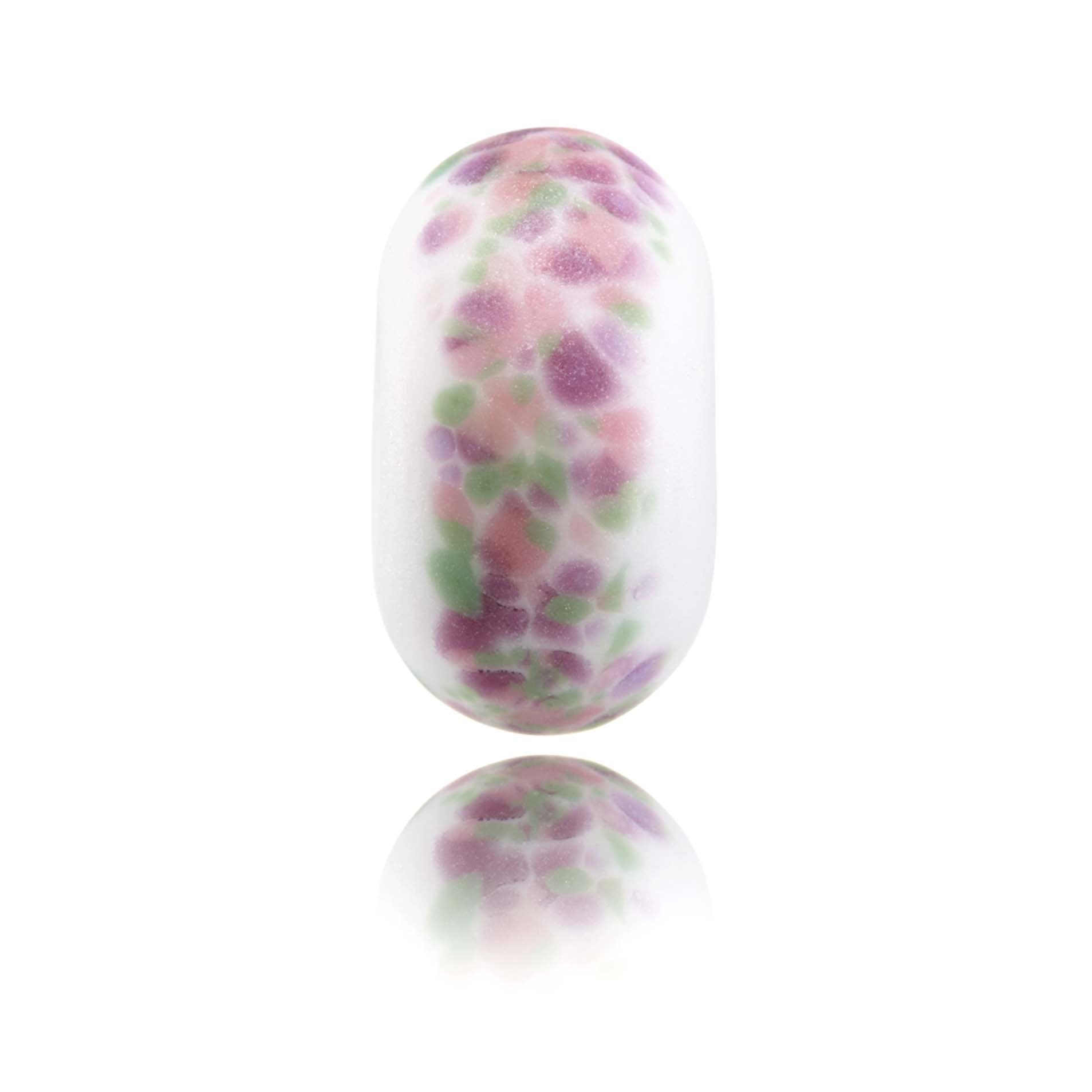 White glass bead with green, pink, purple with frosted texture finish.