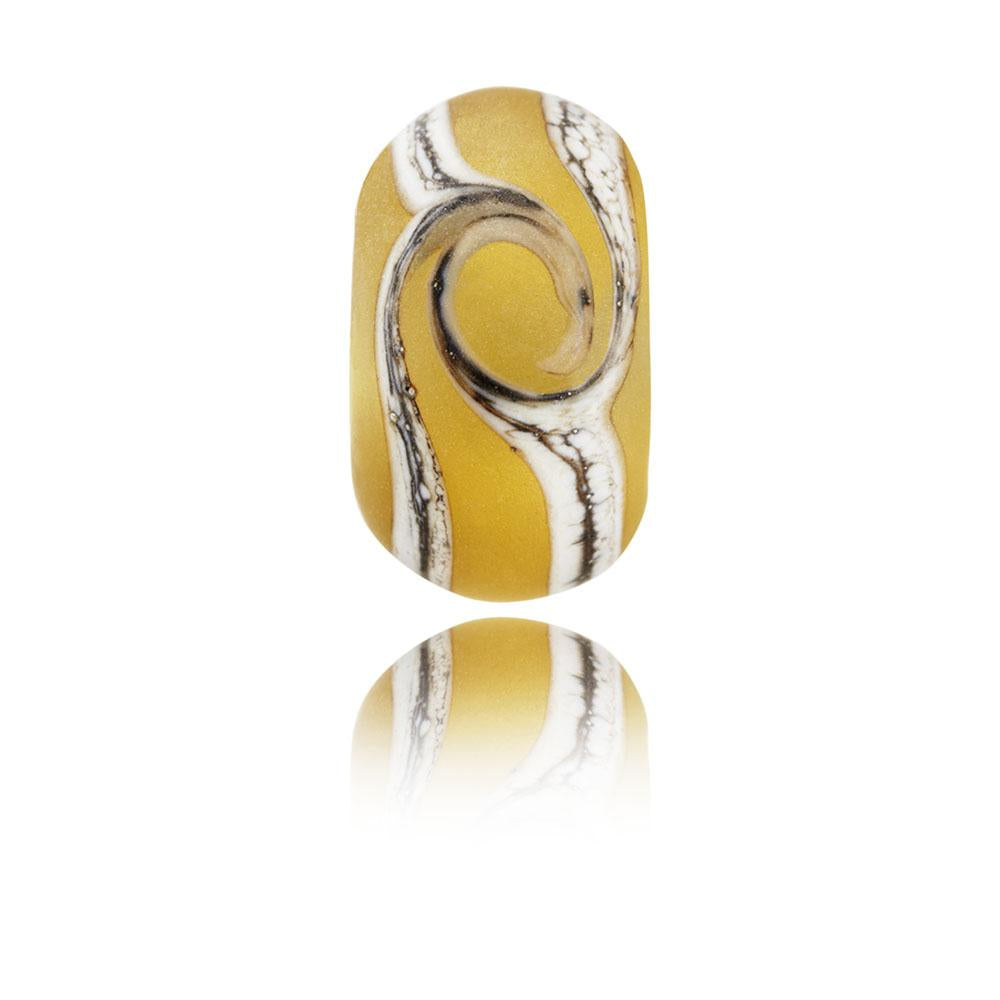 Amber glass bead with cream and brown swirl in centre with frosted sea glass finish, representing Crow Point in North Devon.