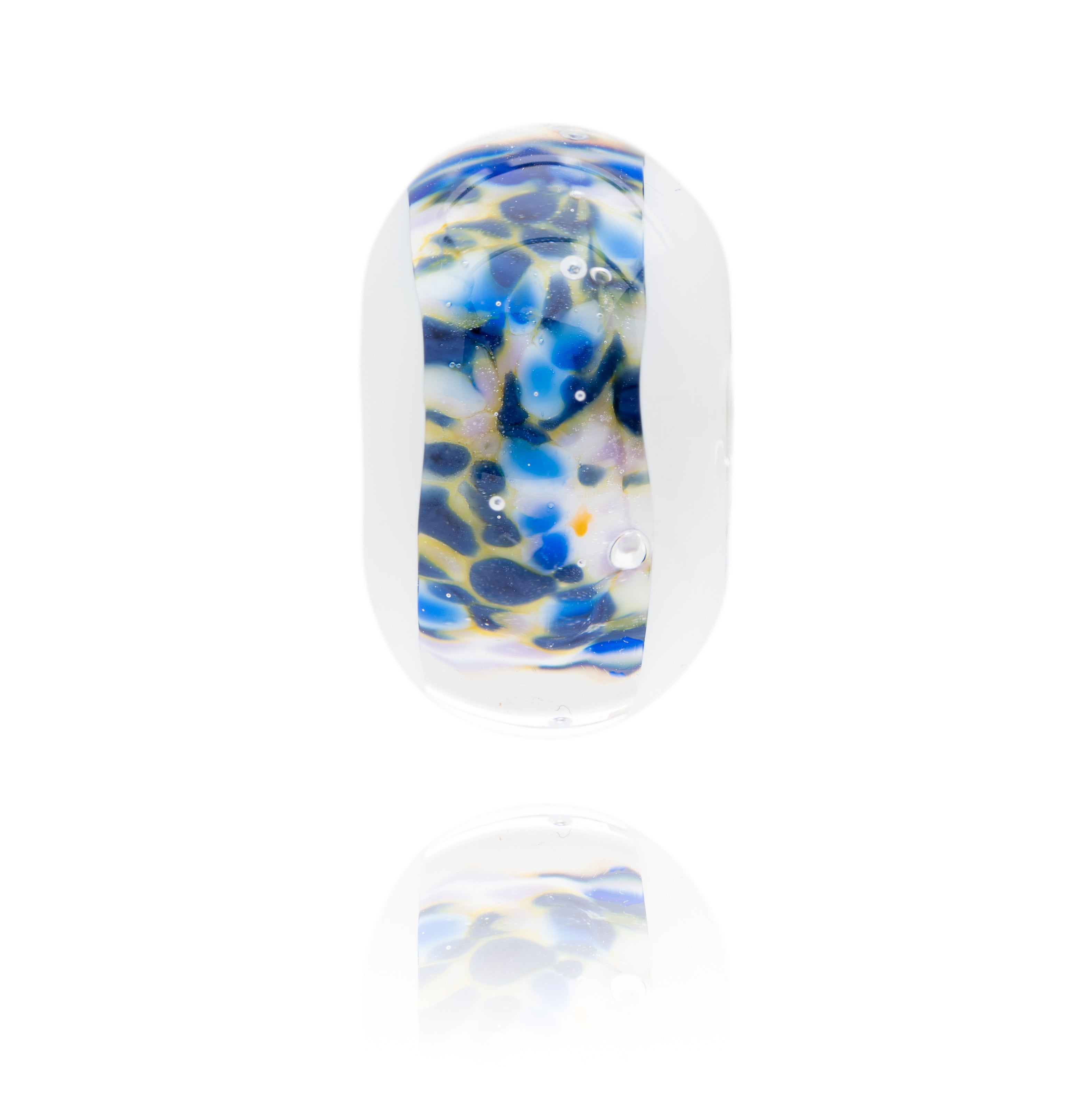 Shades of Blue specks with a clear glass and white Murano glass lamp work bead representing Cairngorm Mountain in Scotland.