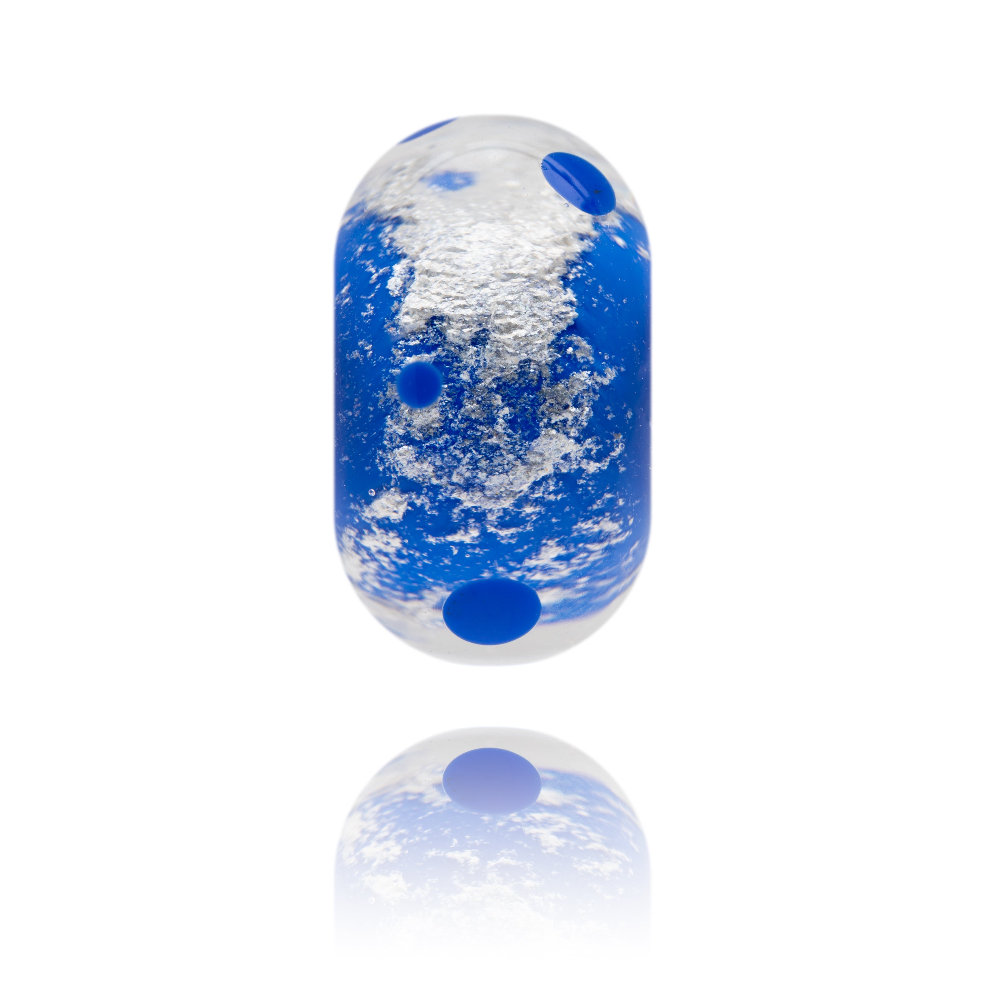 Bright blue shimmering Murano glass lamp work bead representing Caldey Island in Wales.