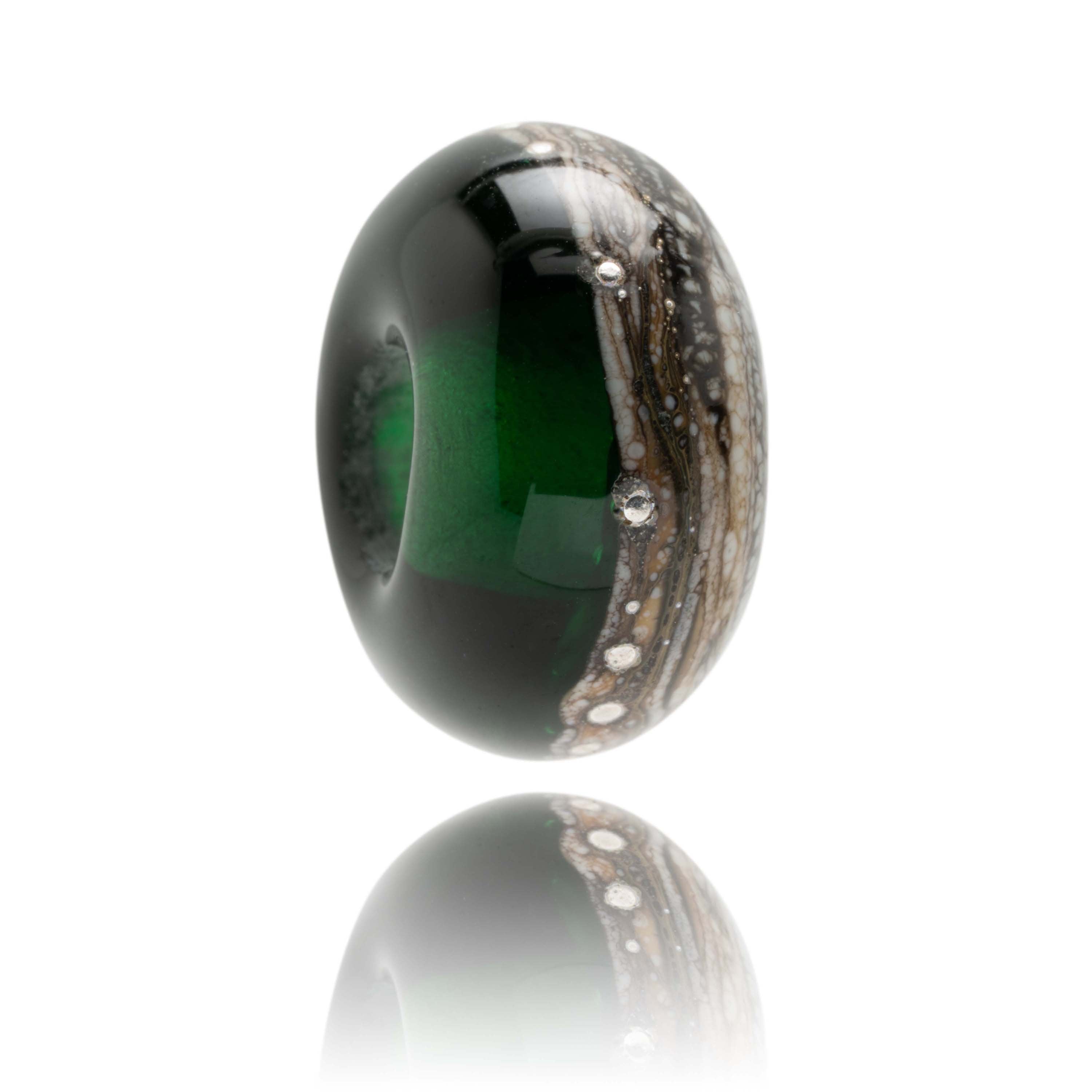 Grey, brown, silver and dark green glass bead representing Caswell Bay in Wales.