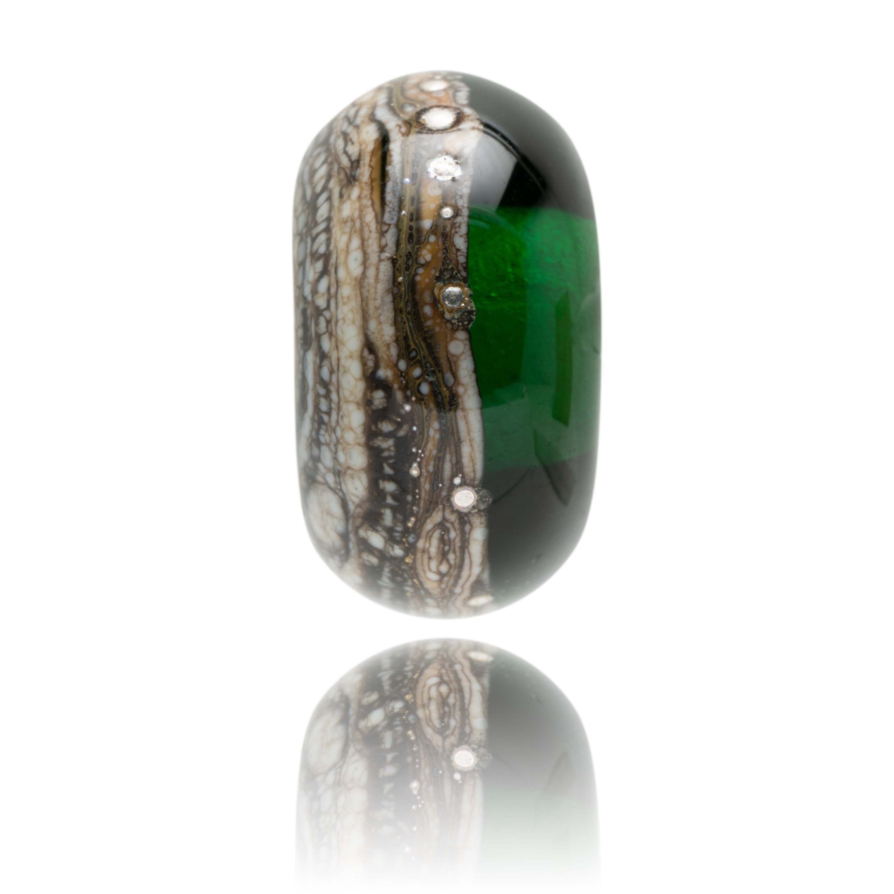 Grey, brown, silver and dark green glass bead representing Caswell Bay in Wales.