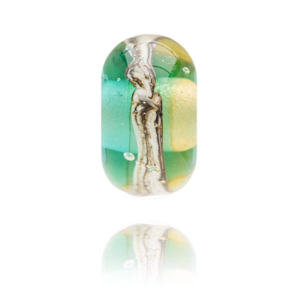Teal and amber watery glass bead with sand soil stripe around the middle designed for Cromer in Norfolk.