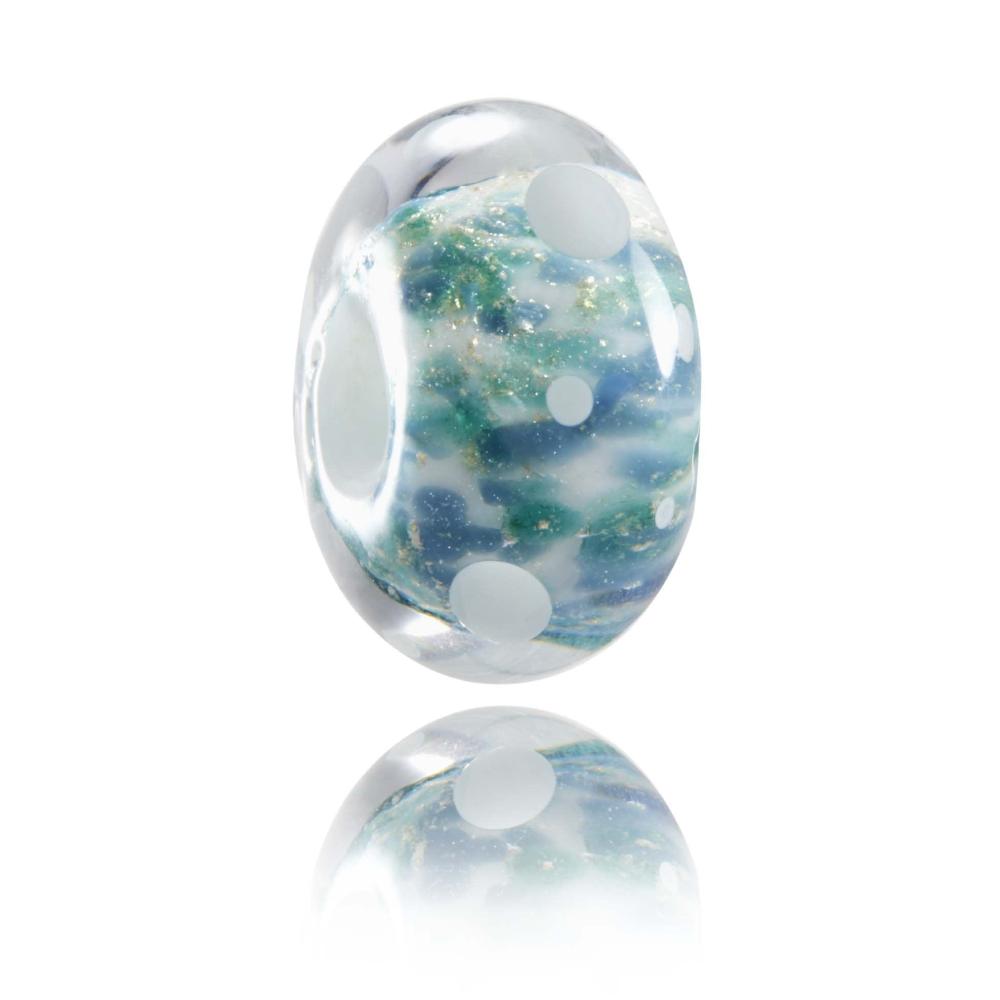 White, Green, blue and gold shimmer glass bead made to represent Davos in Switzerland.